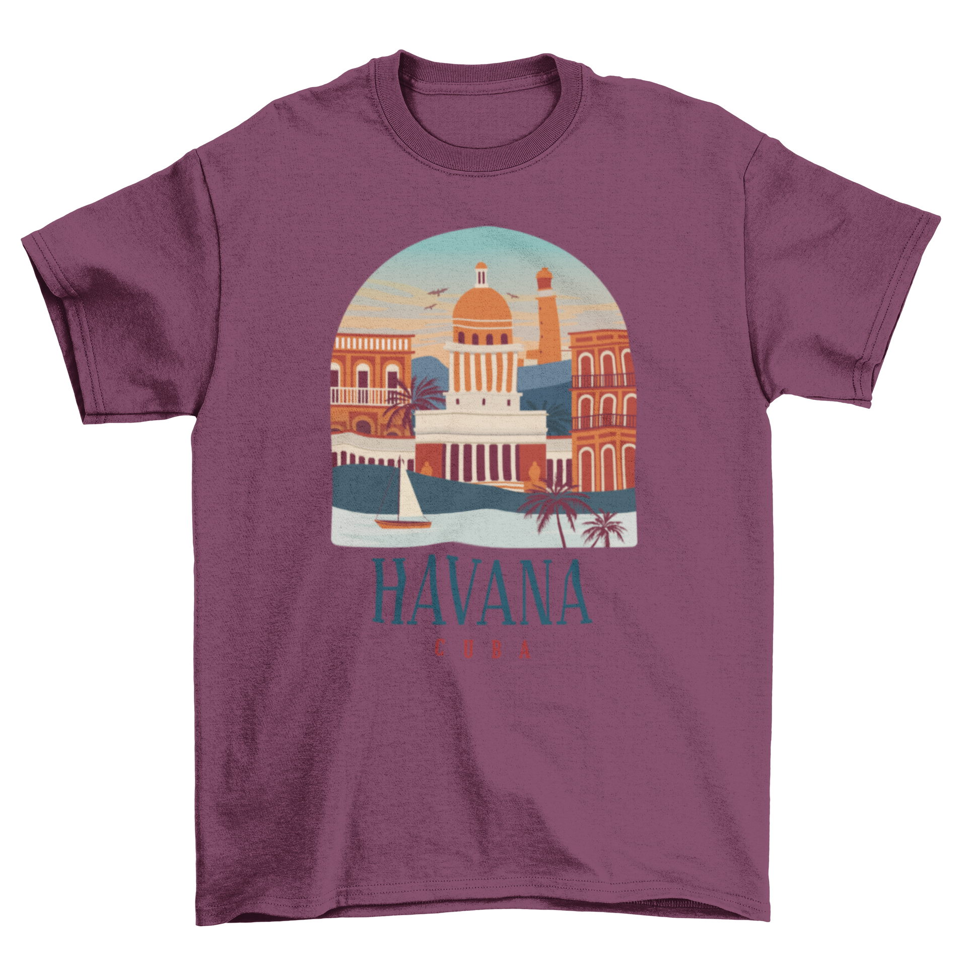 Havana Cuba T-shirt featuring a vibrant flat design of the cityscape.