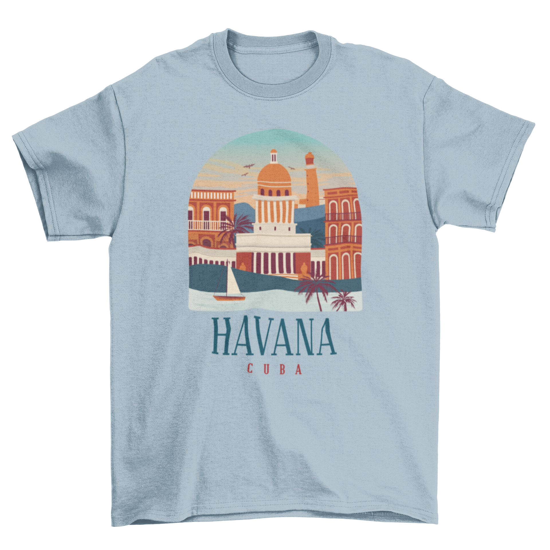 Havana Cuba T-shirt featuring a vibrant flat design of the cityscape.