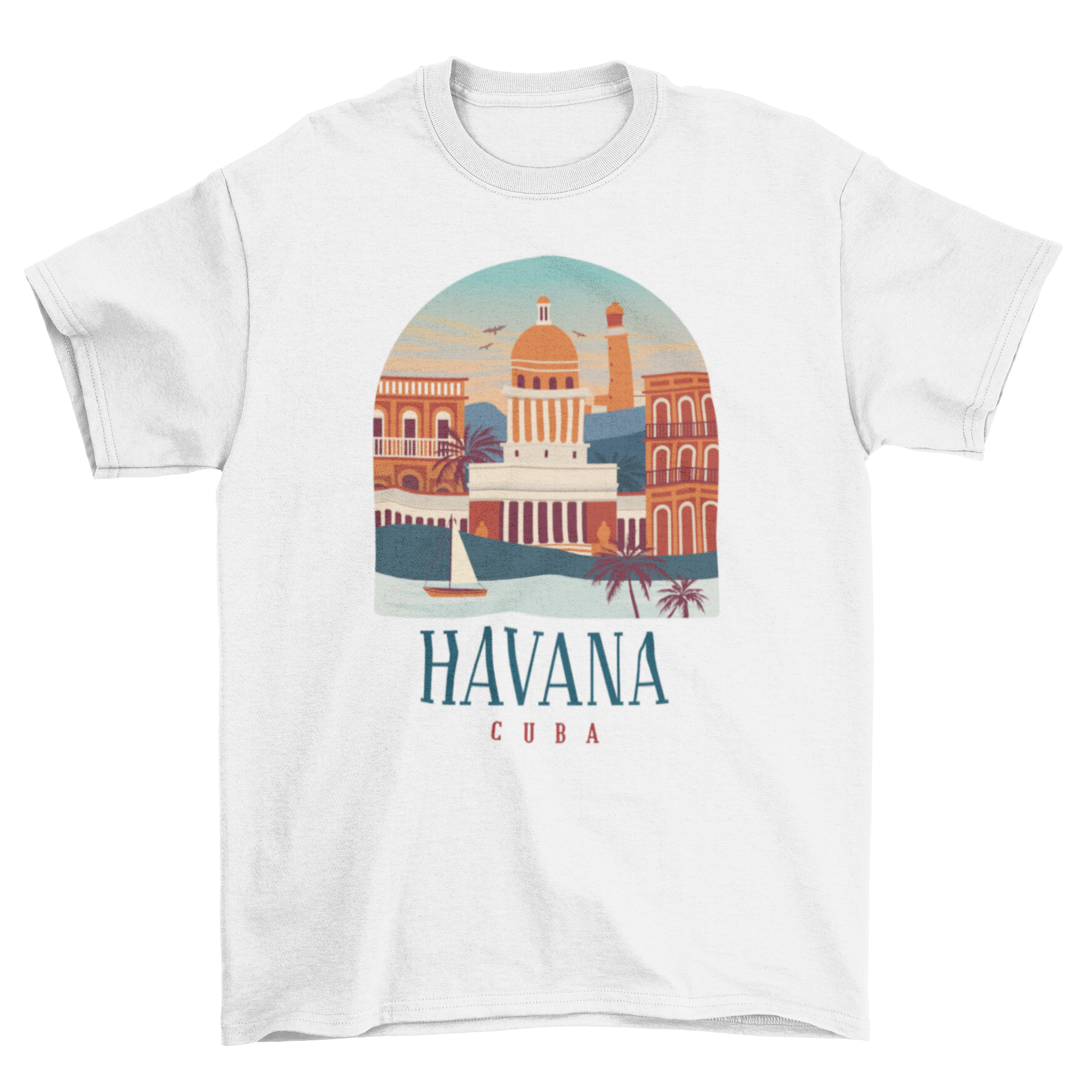 Havana Cuba T-shirt featuring a vibrant flat design of the cityscape.