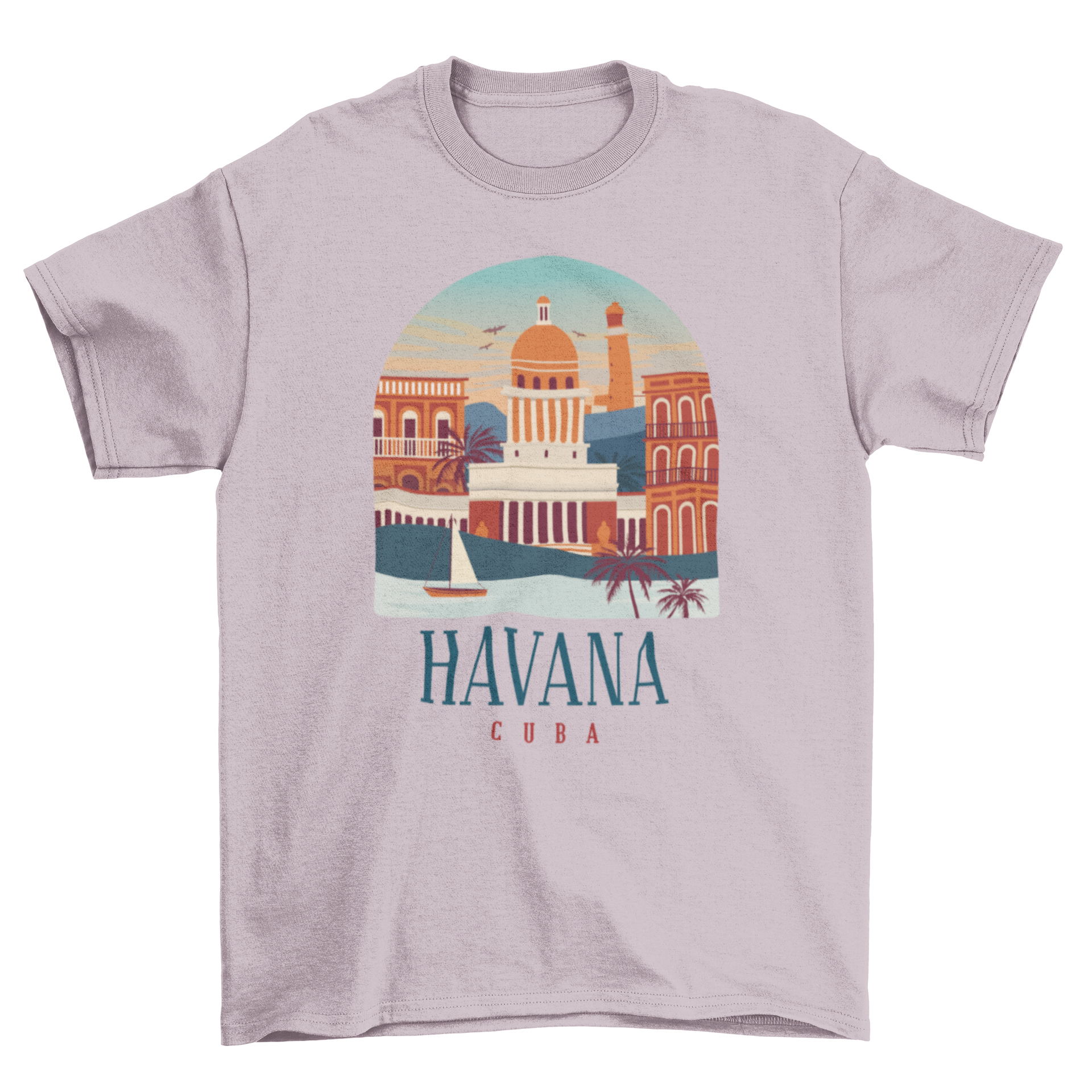 Havana Cuba T-shirt featuring a vibrant flat design of the cityscape.