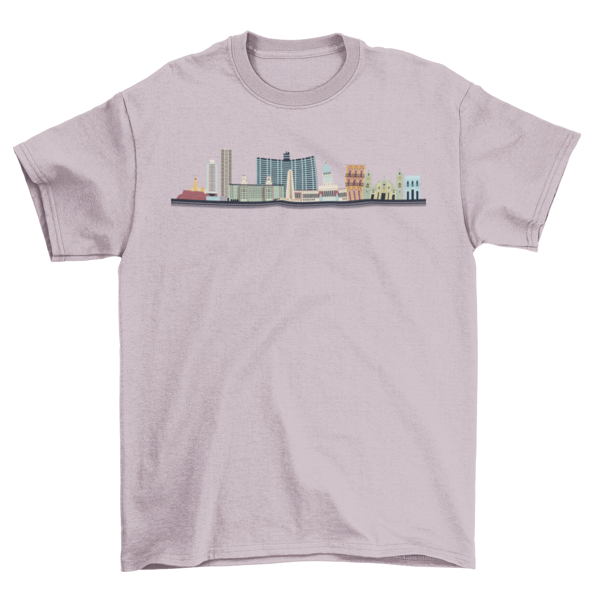 Colorful Havana Skyline T-shirt featuring iconic buildings and landmarks of Havana, Cuba.