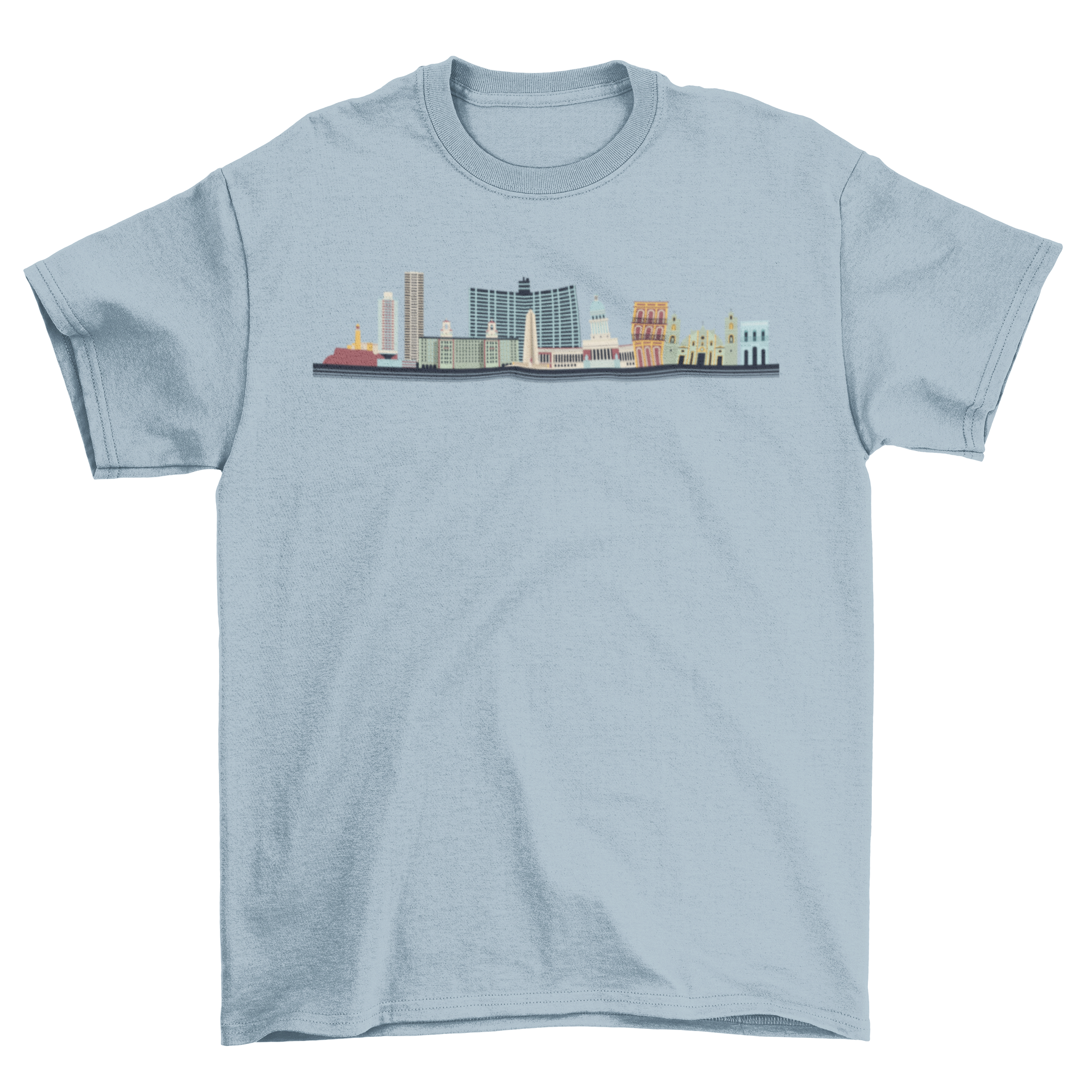 Colorful Havana Skyline T-shirt featuring iconic buildings and landmarks of Havana, Cuba.