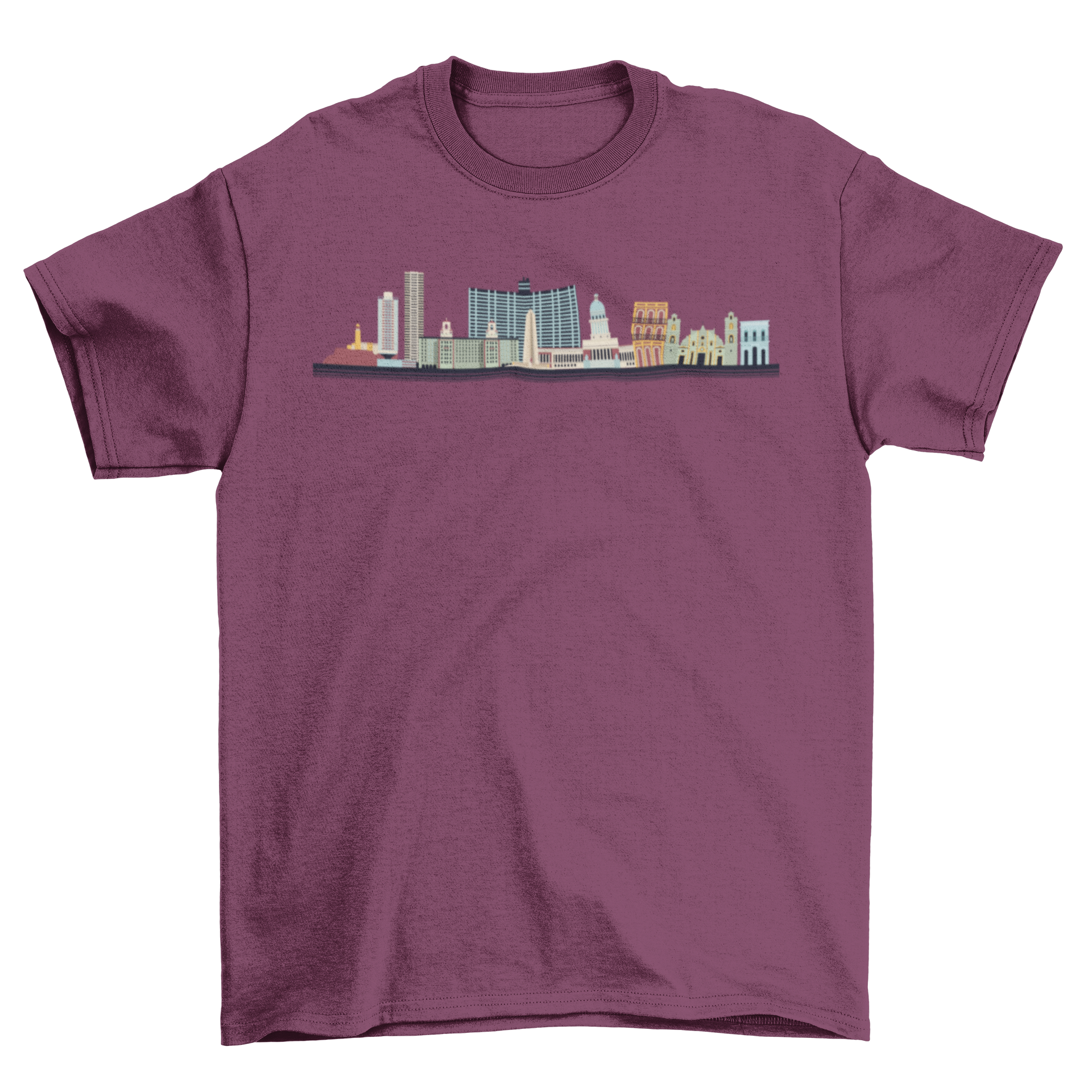 Colorful Havana Skyline T-shirt featuring iconic buildings and landmarks of Havana, Cuba.