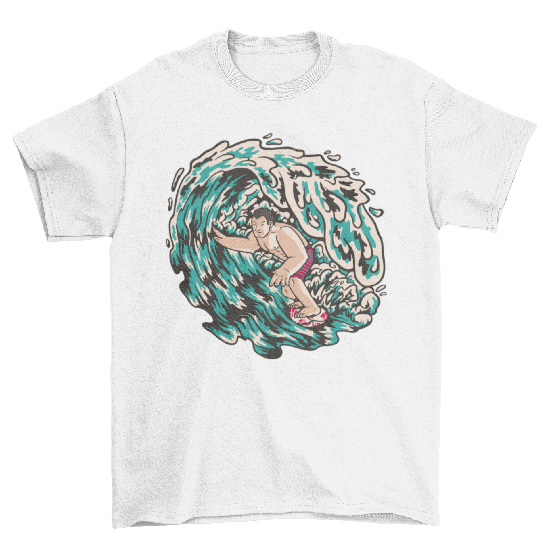 Hawaiian Beach Ocean Surf t-shirt featuring a surfer inside a vibrant wave design.