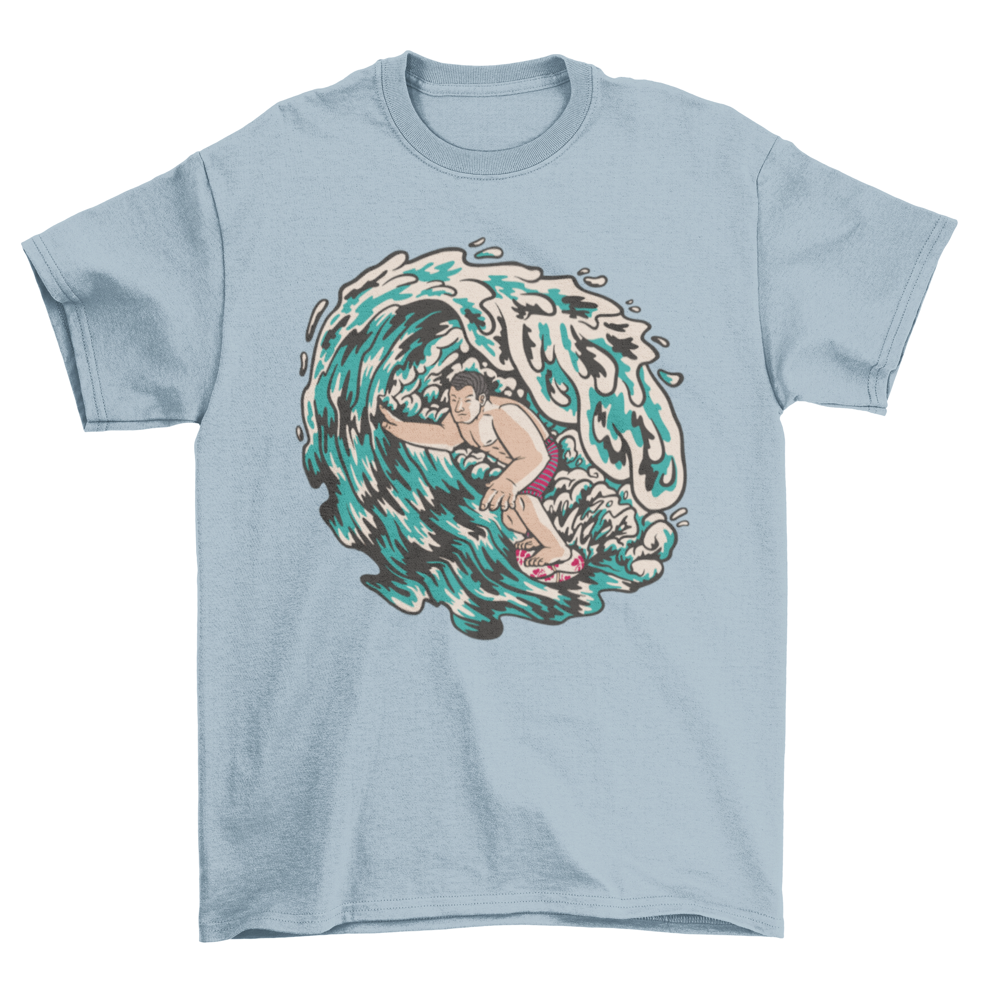 Hawaiian Beach Ocean Surf t-shirt featuring a surfer inside a vibrant wave design.