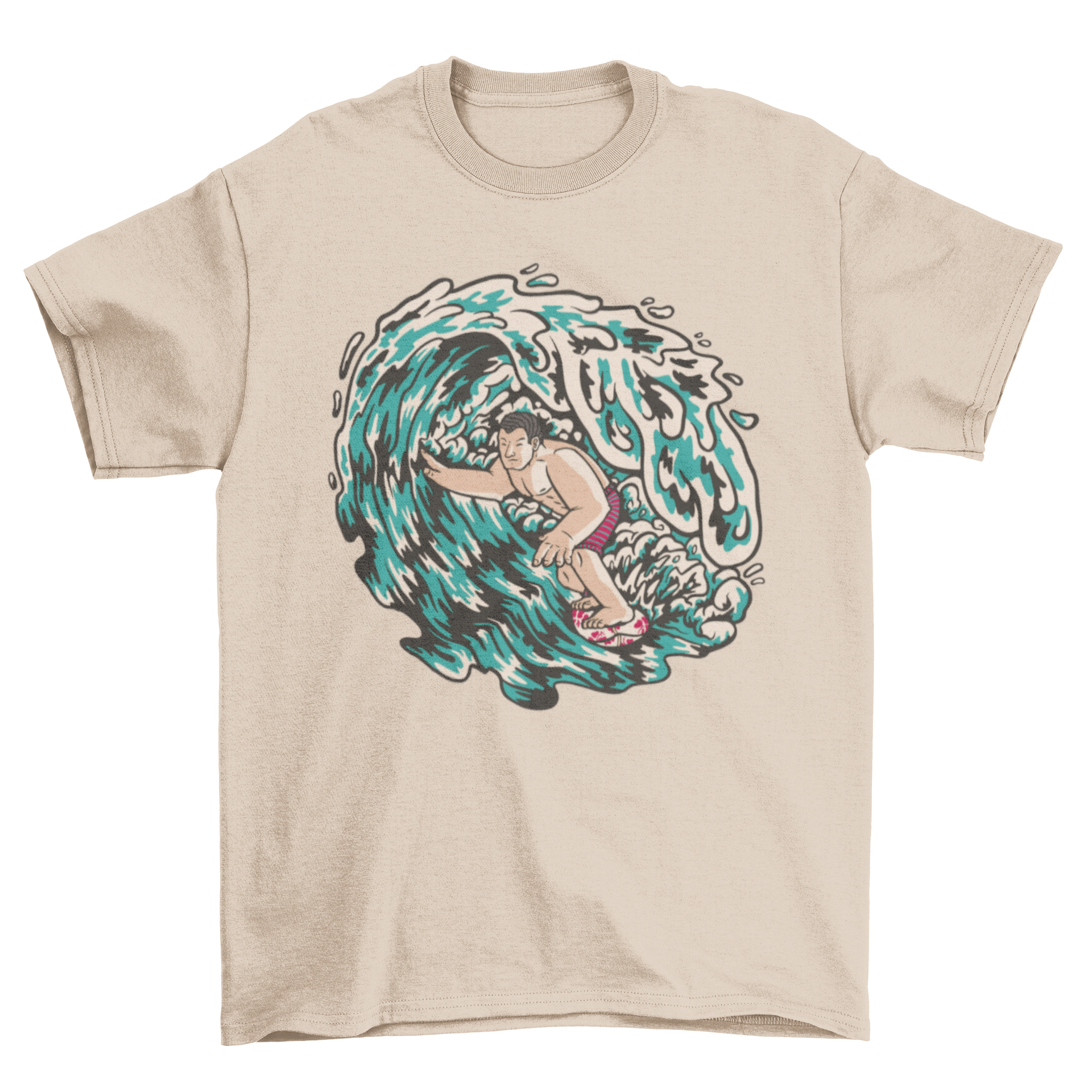 Hawaiian Beach Ocean Surf t-shirt featuring a surfer inside a vibrant wave design.