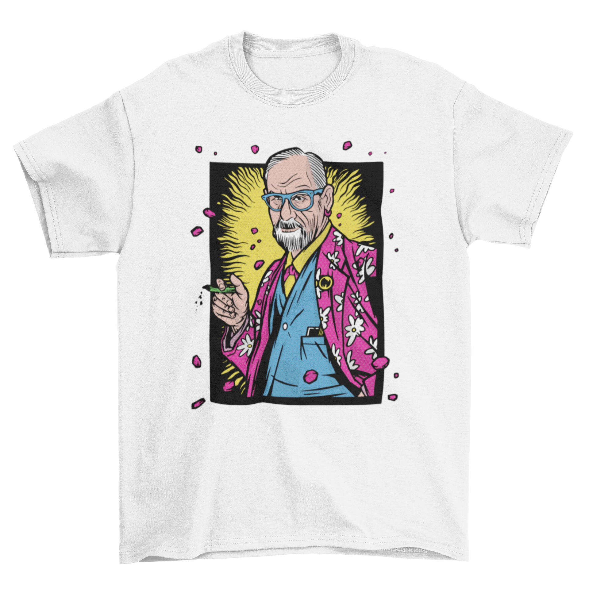 Hawaiian Freud T-shirt featuring Sigmund Freud in a colorful Hawaiian shirt, perfect for casual wear.