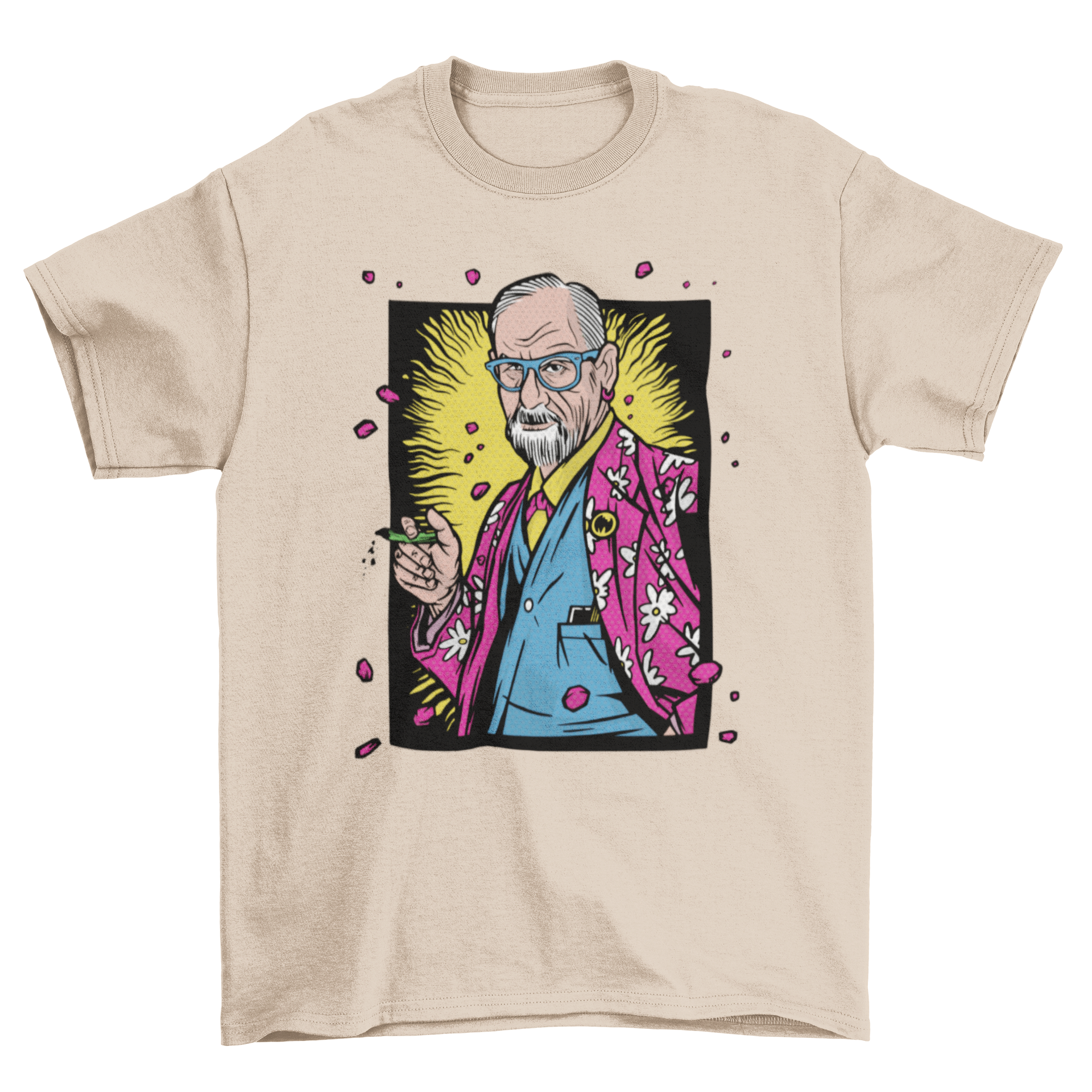 Hawaiian Freud T-shirt featuring Sigmund Freud in a colorful Hawaiian shirt, perfect for casual wear.