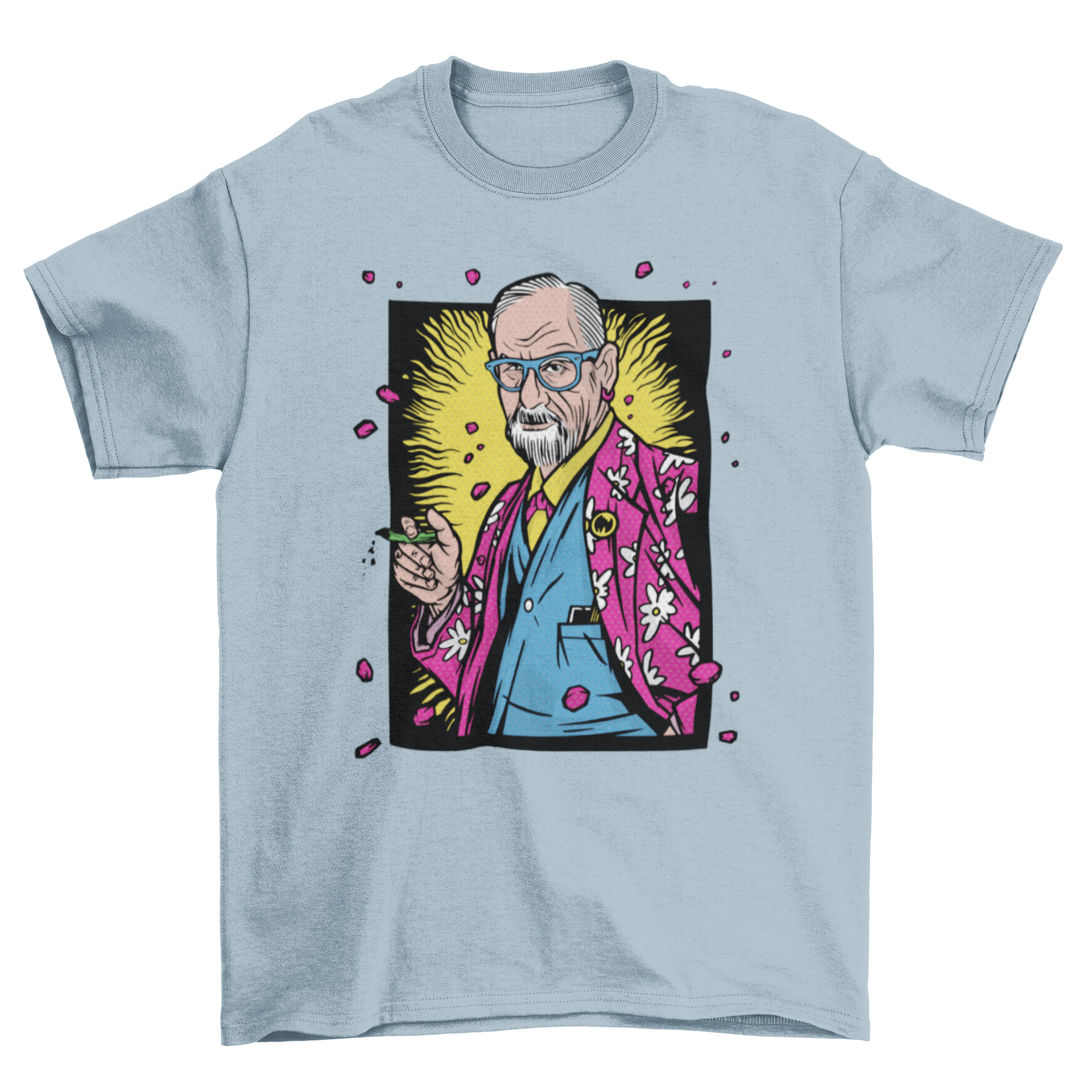 Hawaiian Freud T-shirt featuring Sigmund Freud in a colorful Hawaiian shirt, perfect for casual wear.