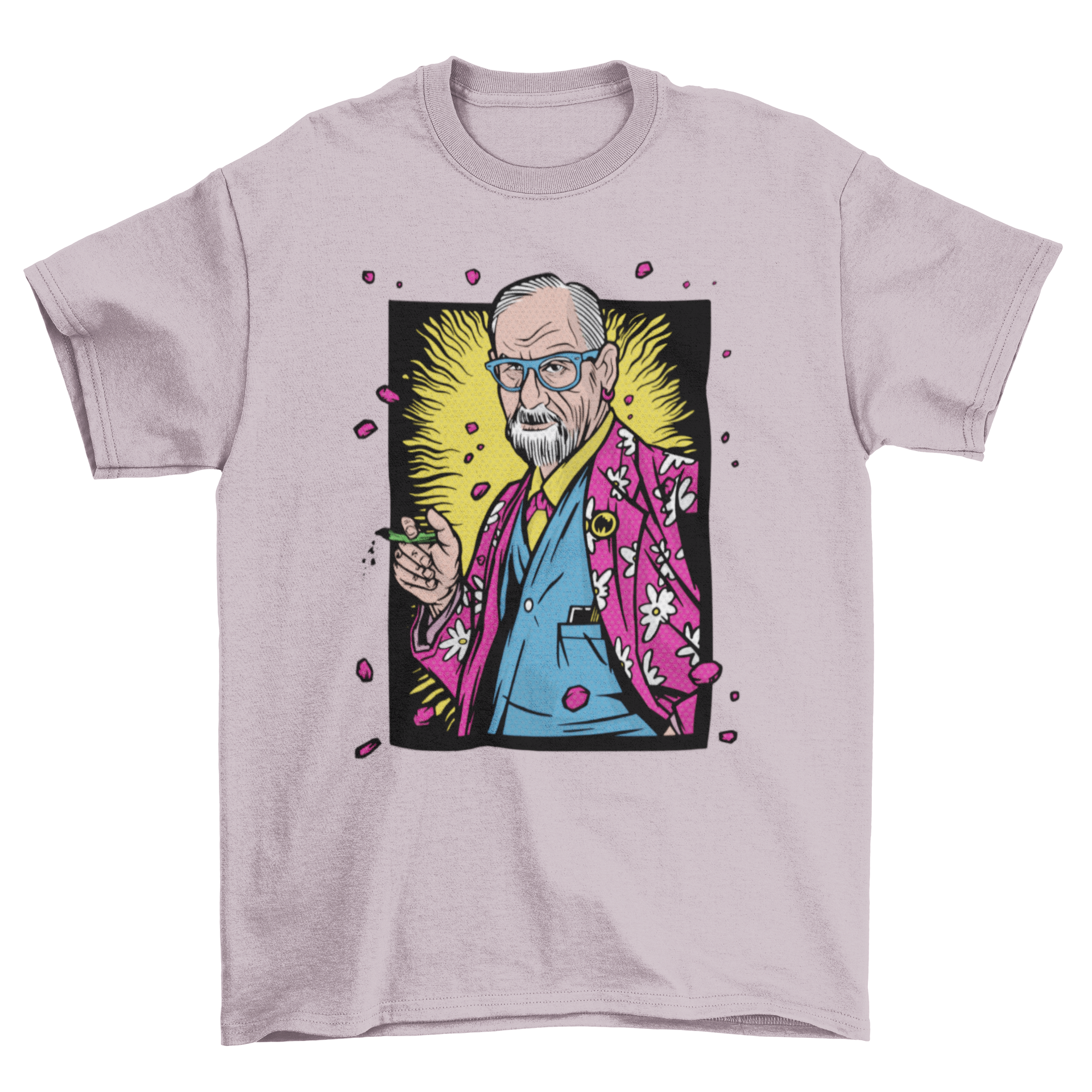 Hawaiian Freud T-shirt featuring Sigmund Freud in a colorful Hawaiian shirt, perfect for casual wear.