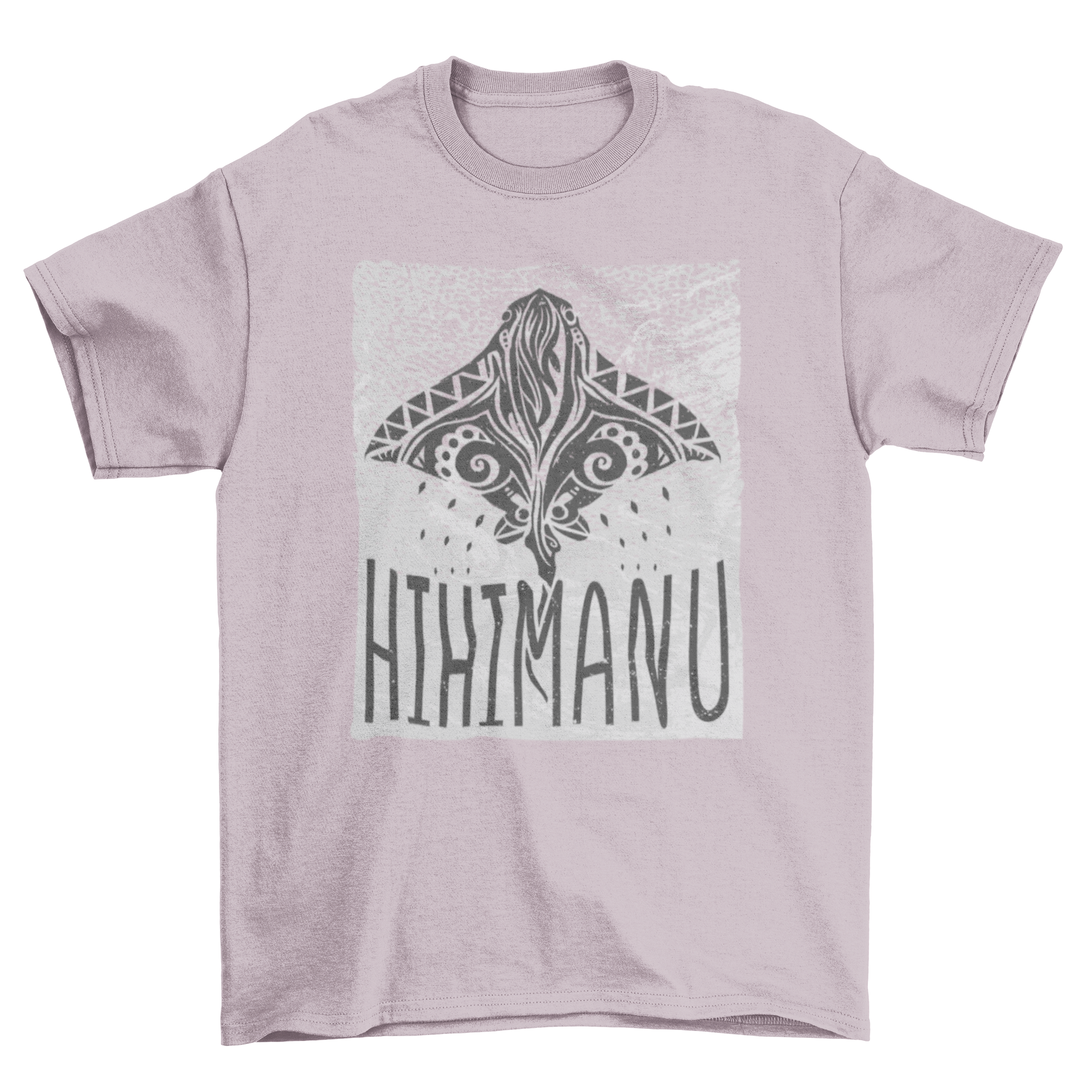 Hawaiian stingray animal t-shirt featuring a tribal design and the quote 'Hihimanu', showcasing ocean-inspired art.