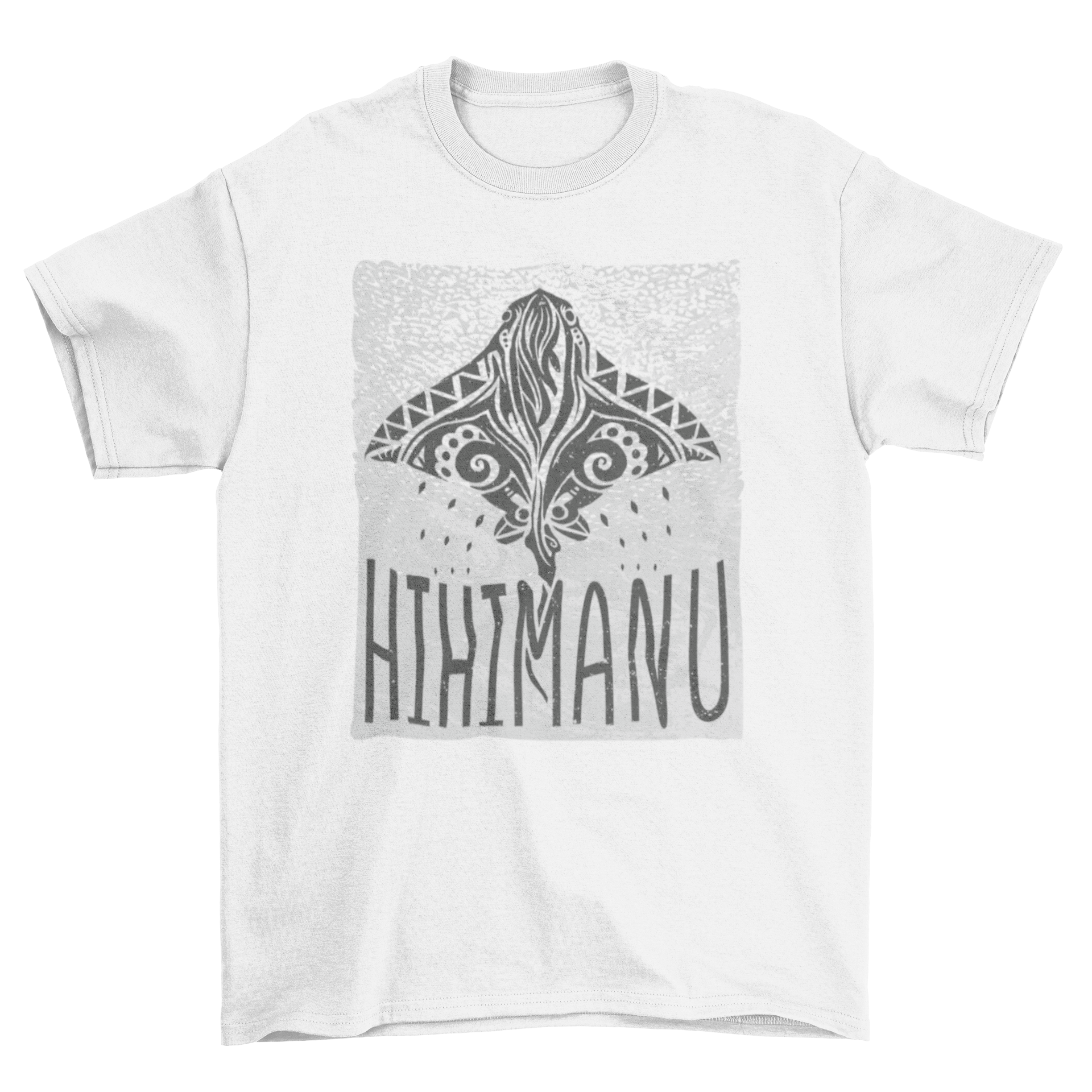 Hawaiian stingray animal t-shirt featuring a tribal design and the quote 'Hihimanu', showcasing ocean-inspired art.