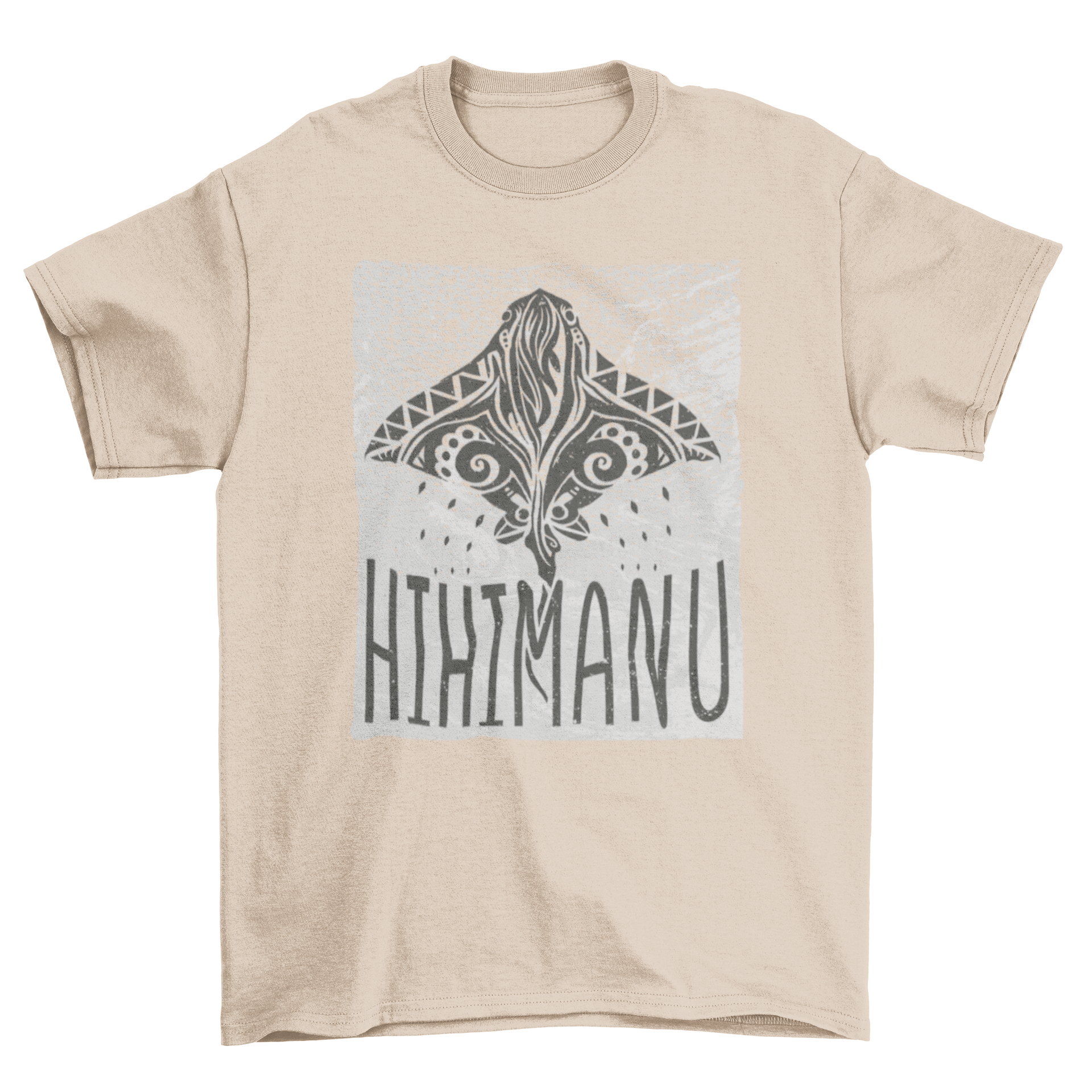 Hawaiian stingray animal t-shirt featuring a tribal design and the quote 'Hihimanu', showcasing ocean-inspired art.