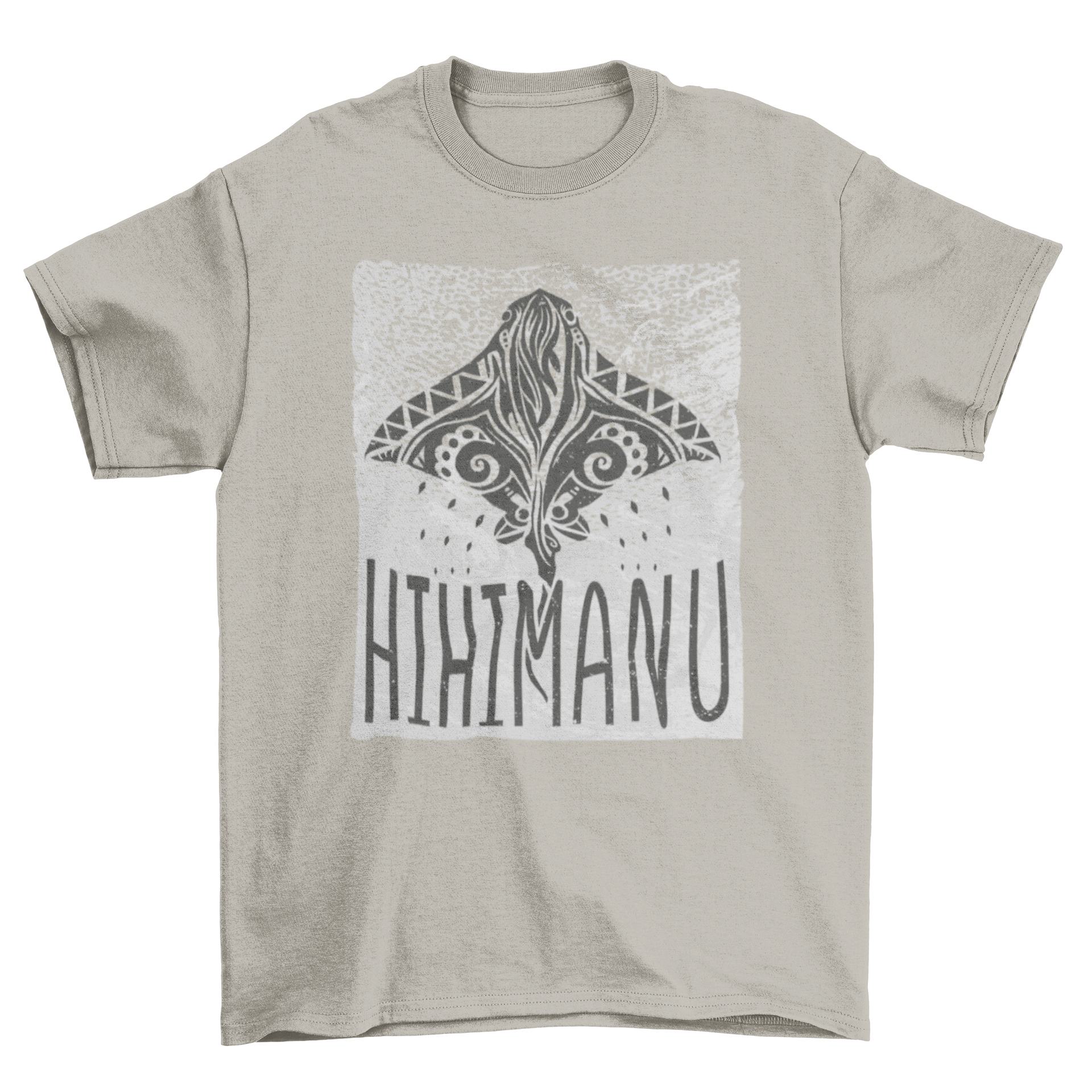 Hawaiian stingray animal t-shirt featuring a tribal design and the quote 'Hihimanu', showcasing ocean-inspired art.