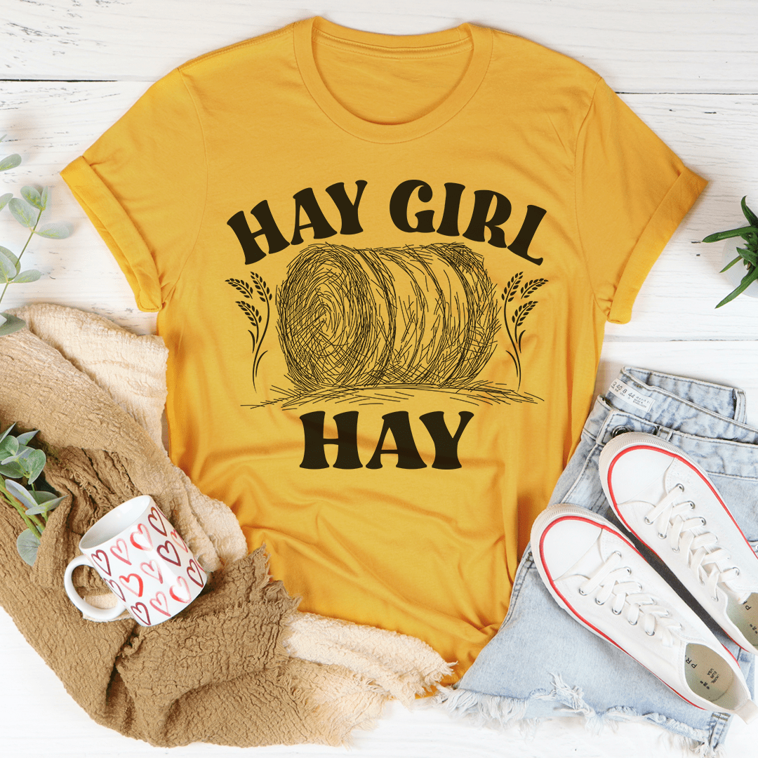 Hay Girl T-Shirt made from soft ring-spun cotton, featuring double stitching for durability, available in various sizes.