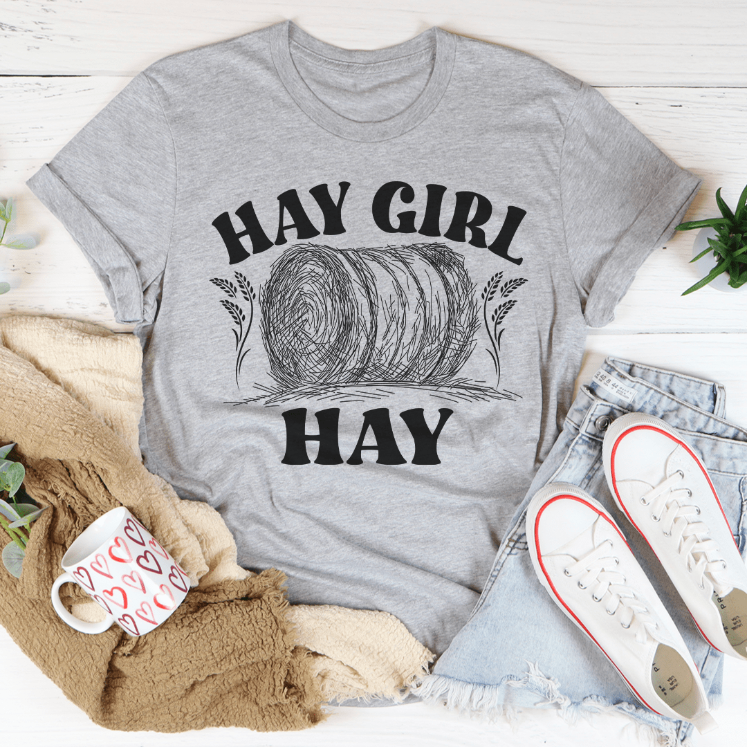 Hay Girl T-Shirt made from soft ring-spun cotton, featuring double stitching for durability, available in various sizes.