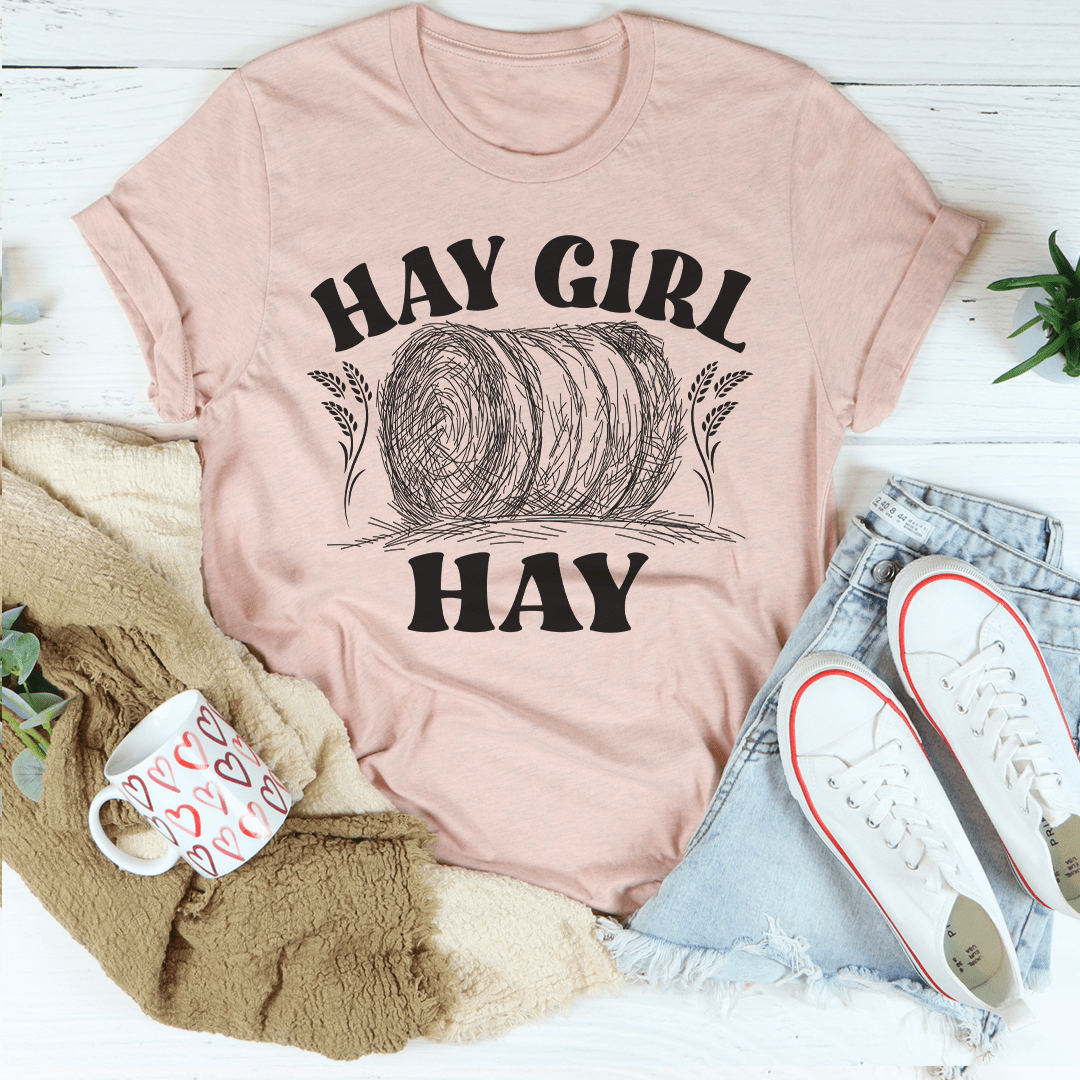 Hay Girl T-Shirt made from soft ring-spun cotton, featuring double stitching for durability, available in various sizes.