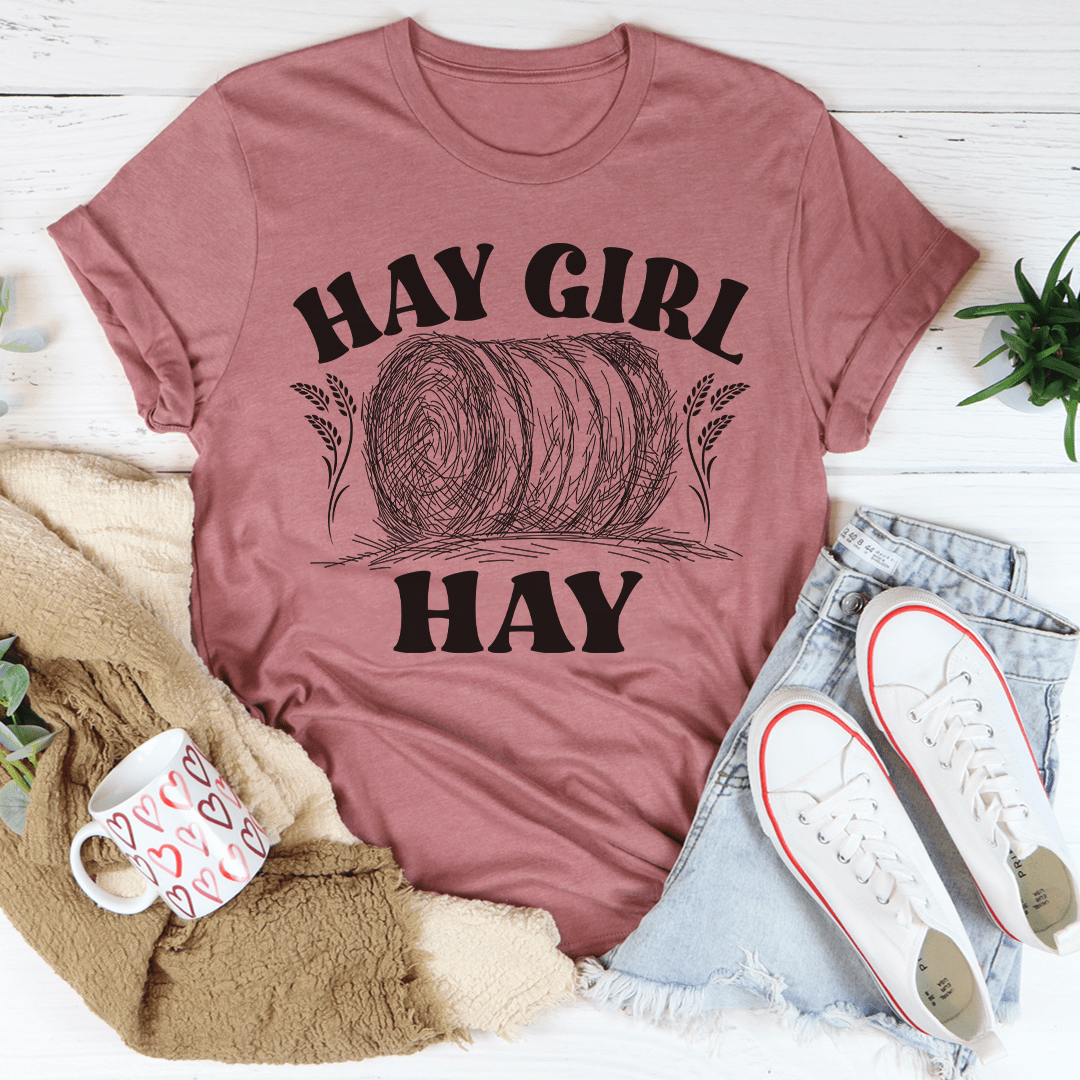 Hay Girl T-Shirt made from soft ring-spun cotton, featuring double stitching for durability, available in various sizes.