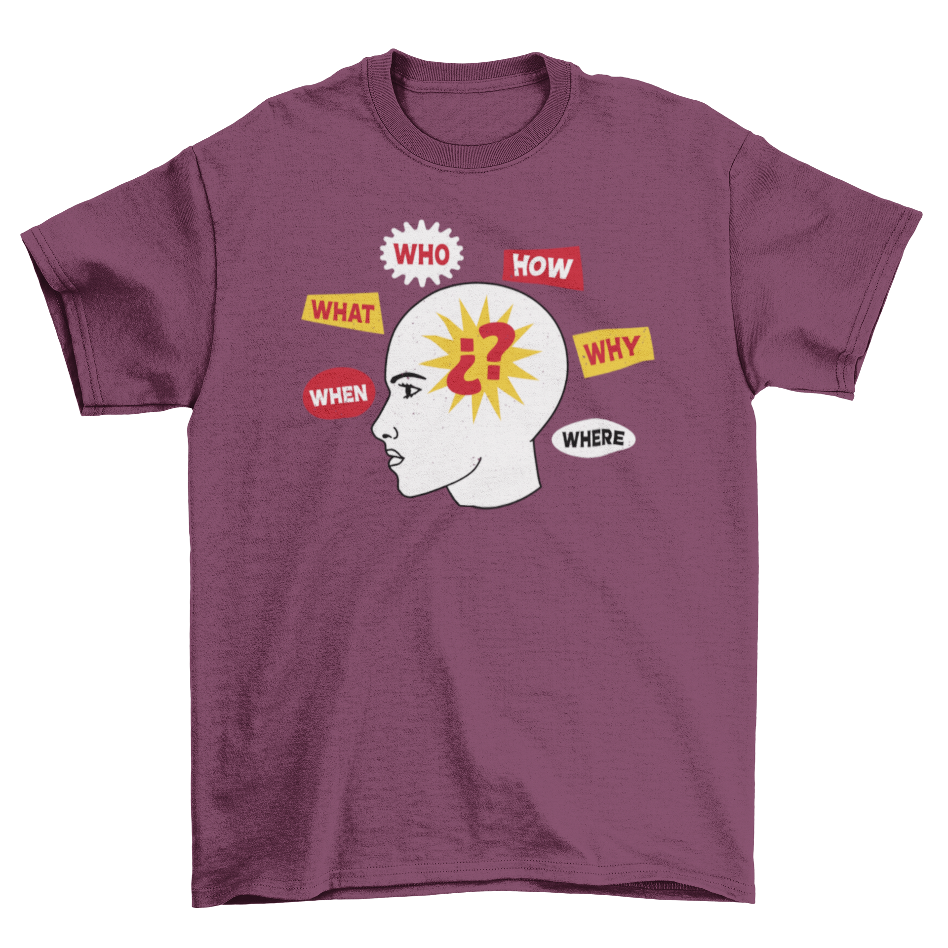 A stylish t-shirt featuring a human head design surrounded by various questions like 'What', 'Who', and 'How'.