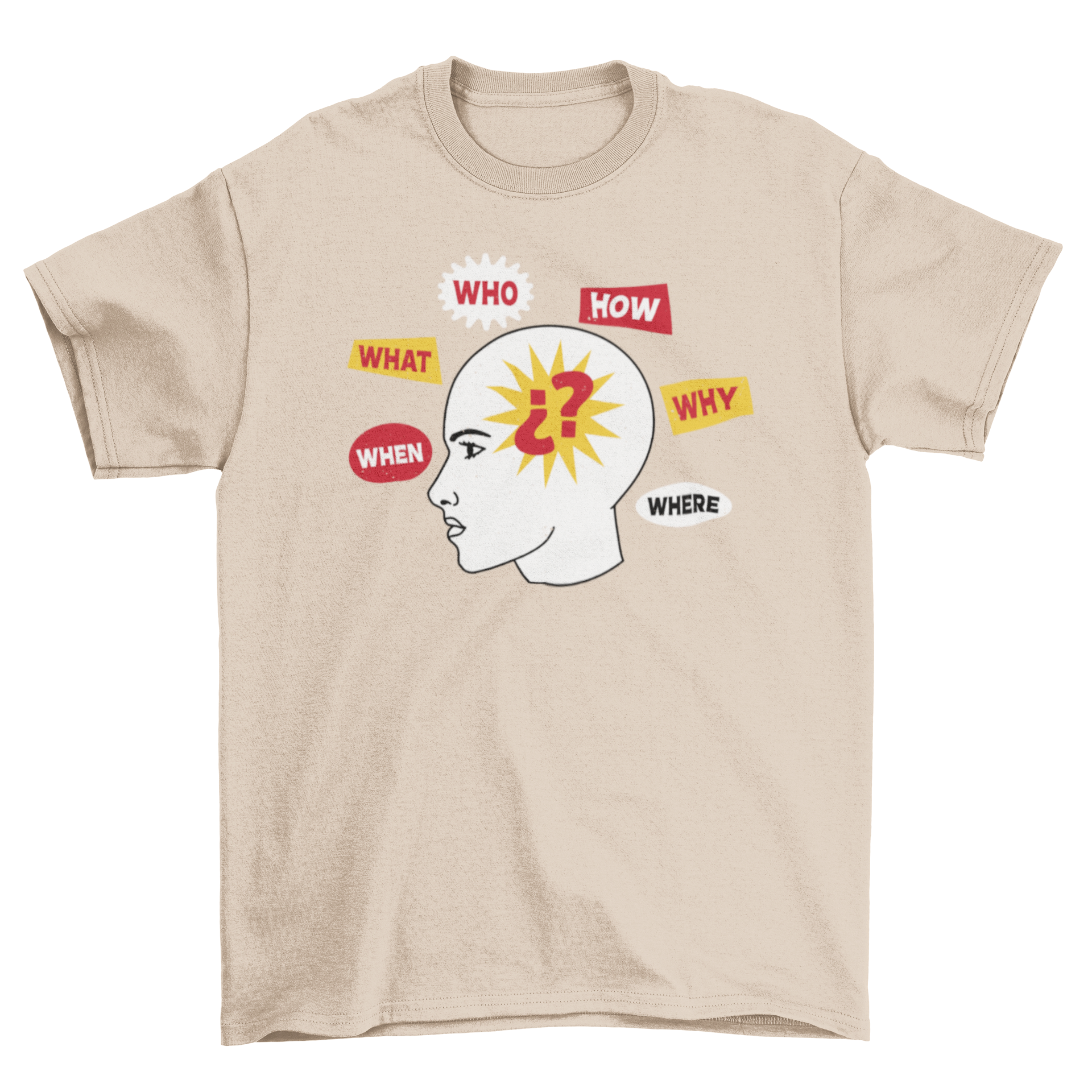 A stylish t-shirt featuring a human head design surrounded by various questions like 'What', 'Who', and 'How'.