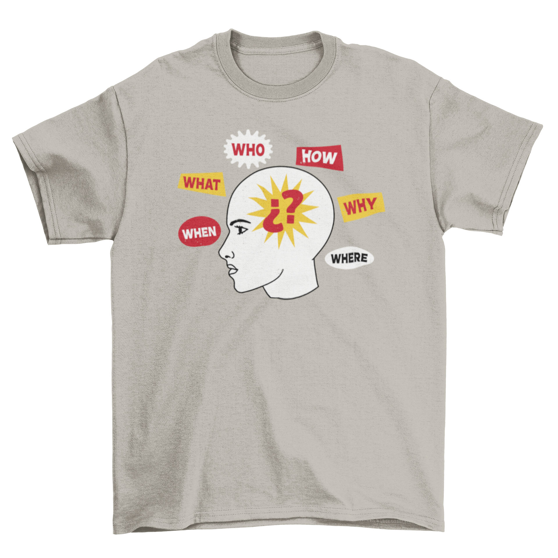 A stylish t-shirt featuring a human head design surrounded by various questions like 'What', 'Who', and 'How'.