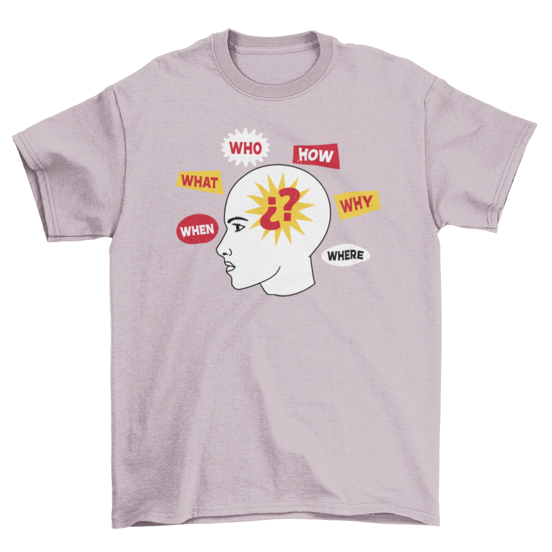 A stylish t-shirt featuring a human head design surrounded by various questions like 'What', 'Who', and 'How'.