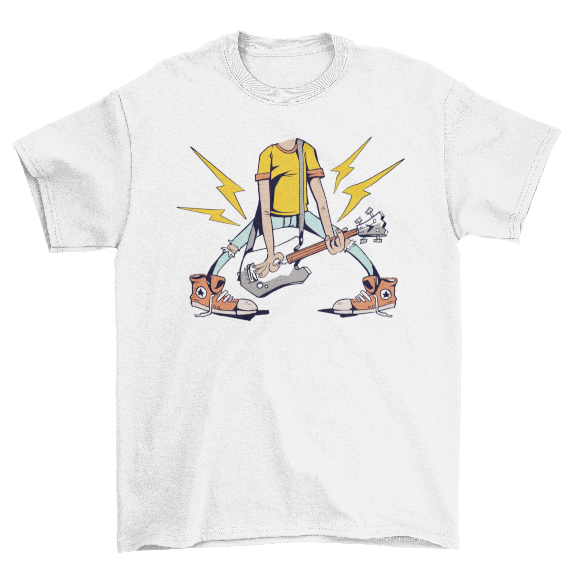 A humorous t-shirt featuring a headless guitarist design, perfect for music lovers.