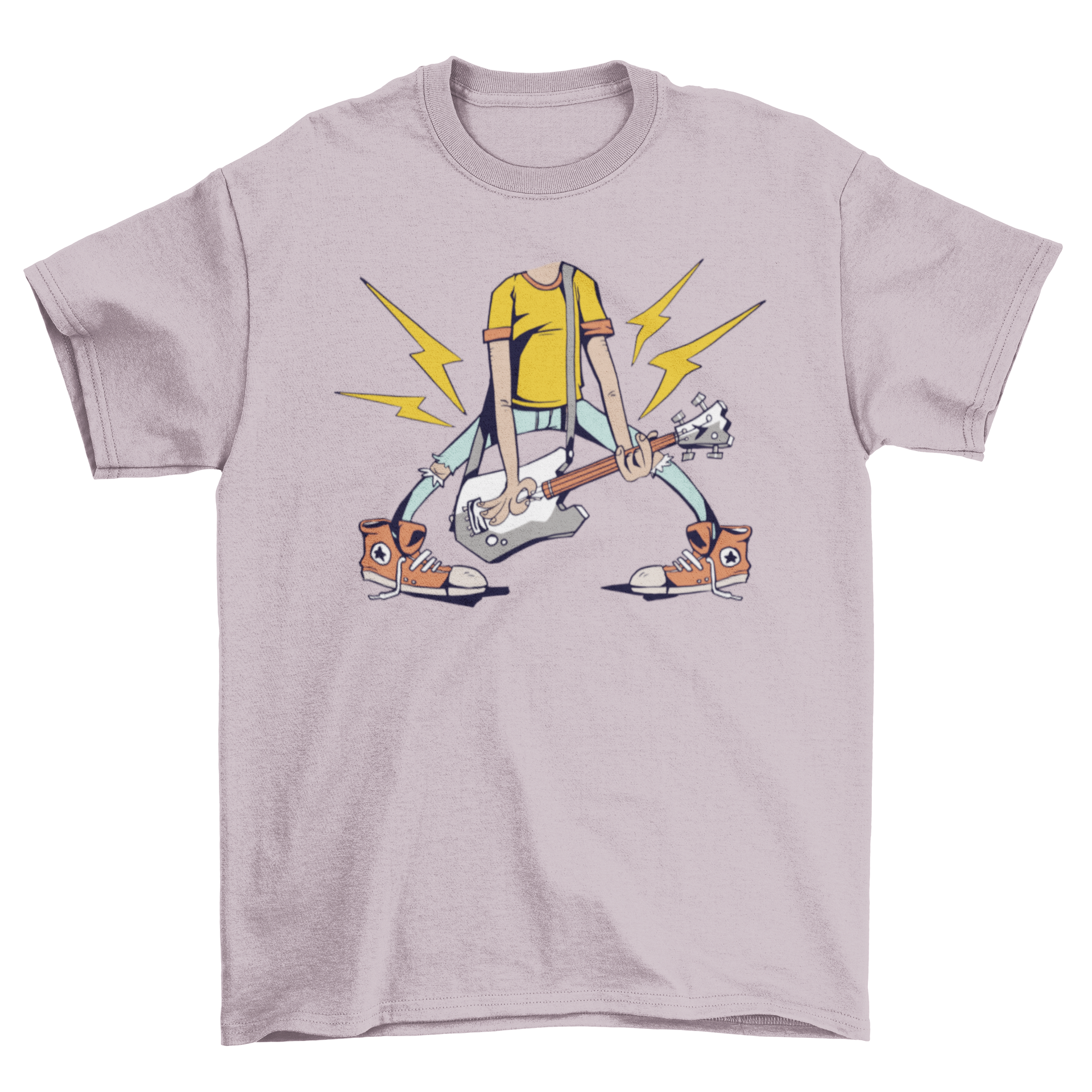 A humorous t-shirt featuring a headless guitarist design, perfect for music lovers.