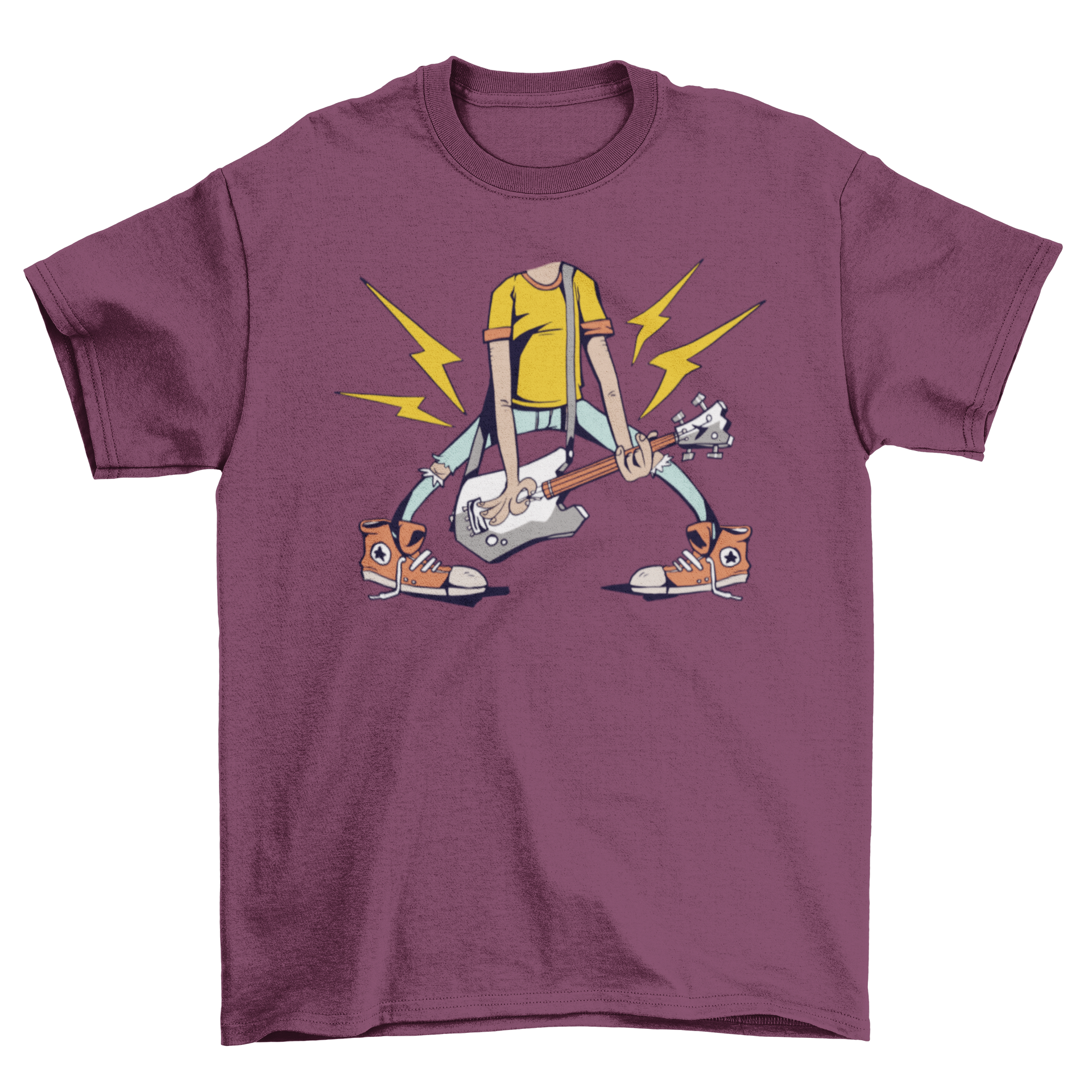 A humorous t-shirt featuring a headless guitarist design, perfect for music lovers.