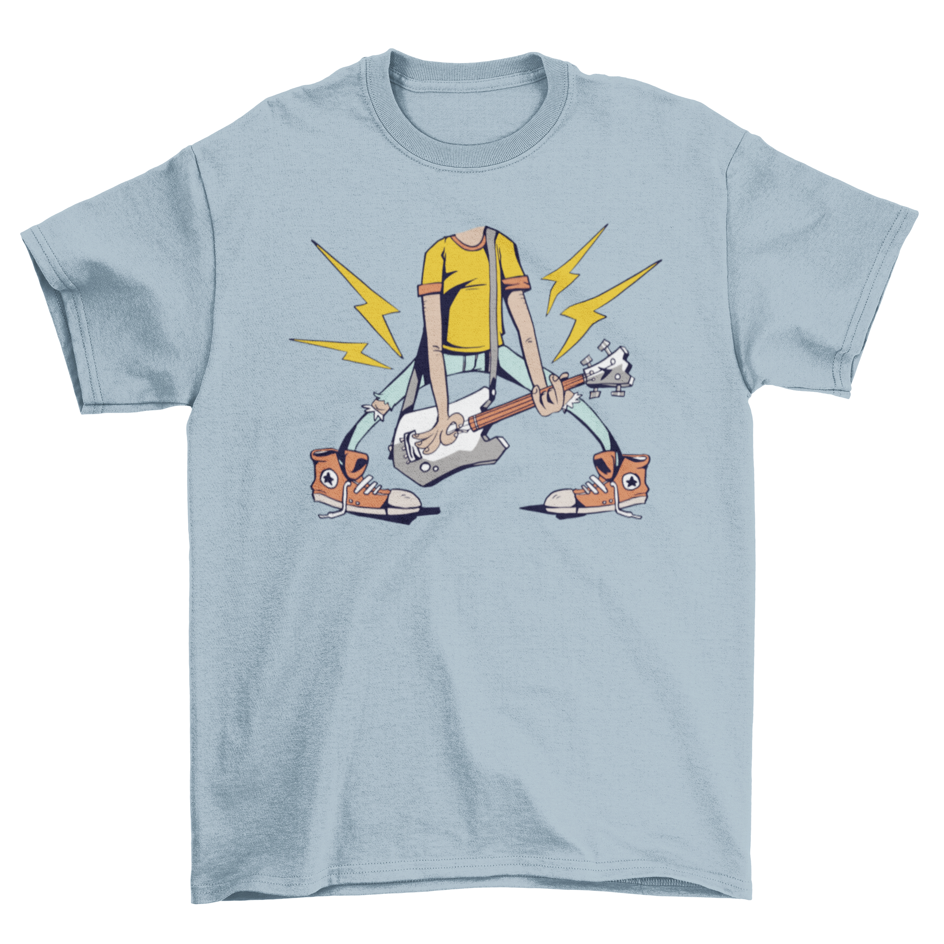 A humorous t-shirt featuring a headless guitarist design, perfect for music lovers.