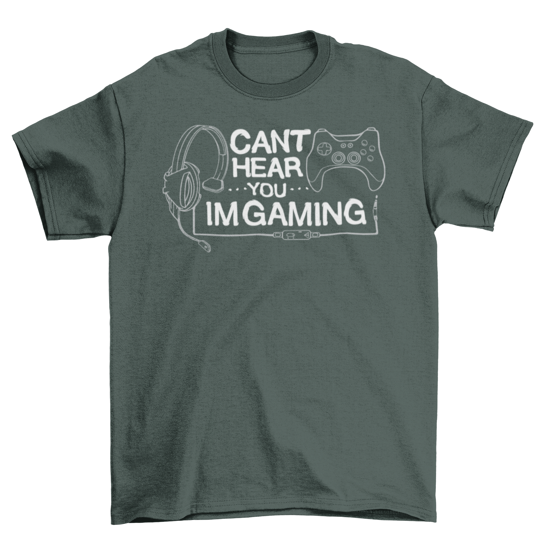 A stylish t-shirt featuring a graphic of headphones and a joystick with the quote 'Can't hear you I'm gaming'.