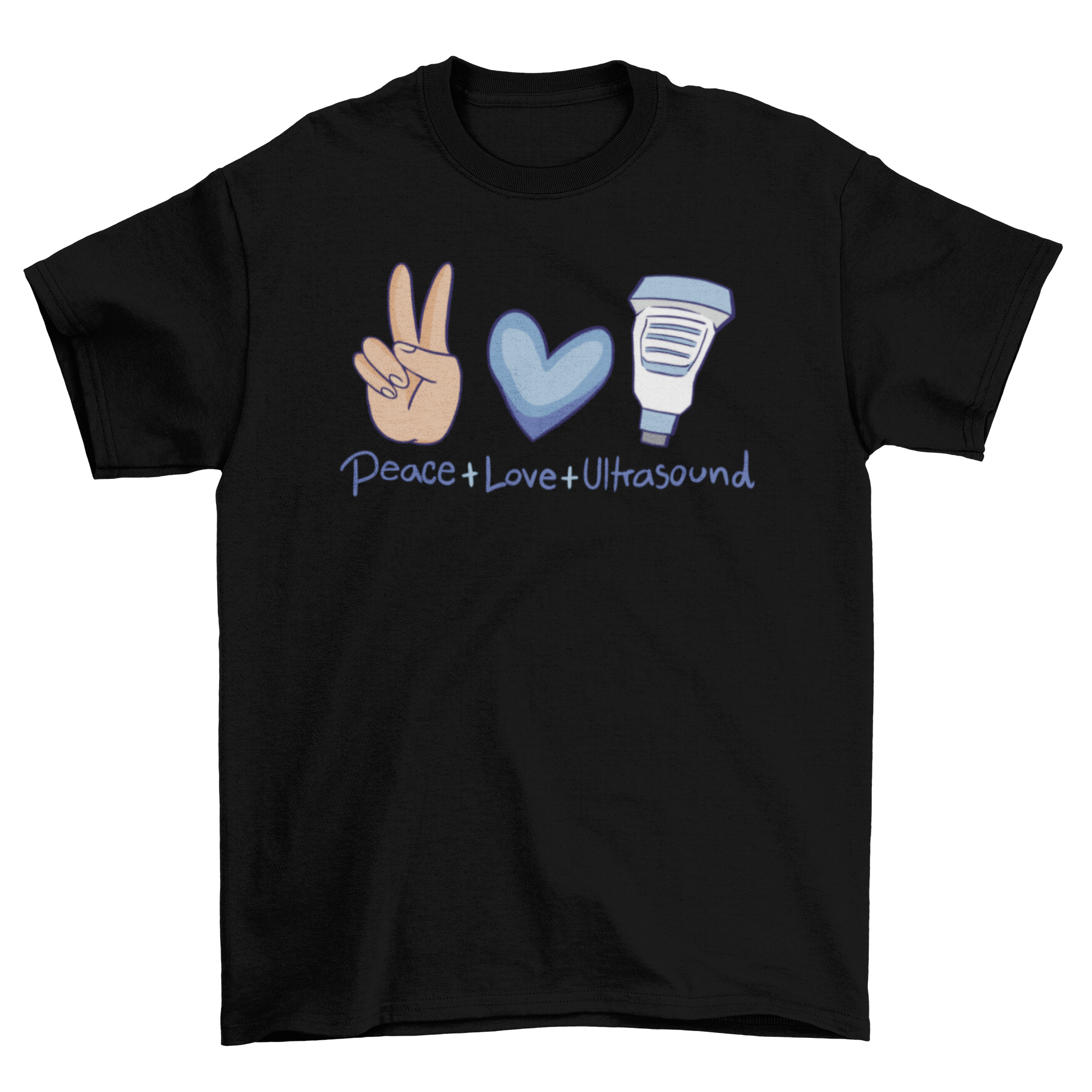 Healthcare ultrasound t-shirt featuring a hand, heart, and ultrasound machine design.