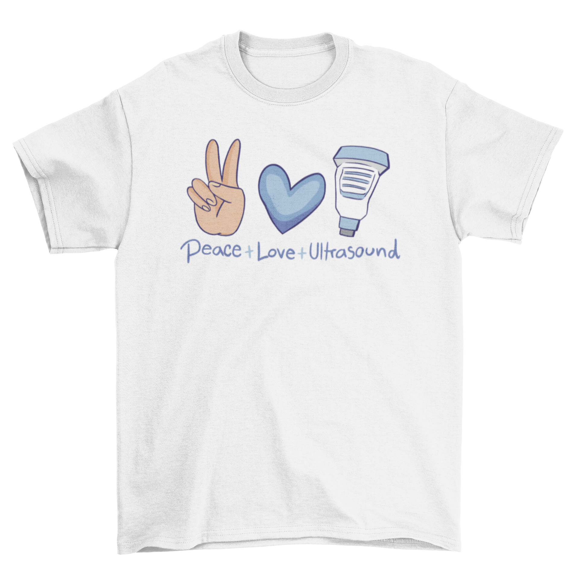 Healthcare ultrasound t-shirt featuring a hand, heart, and ultrasound machine design.