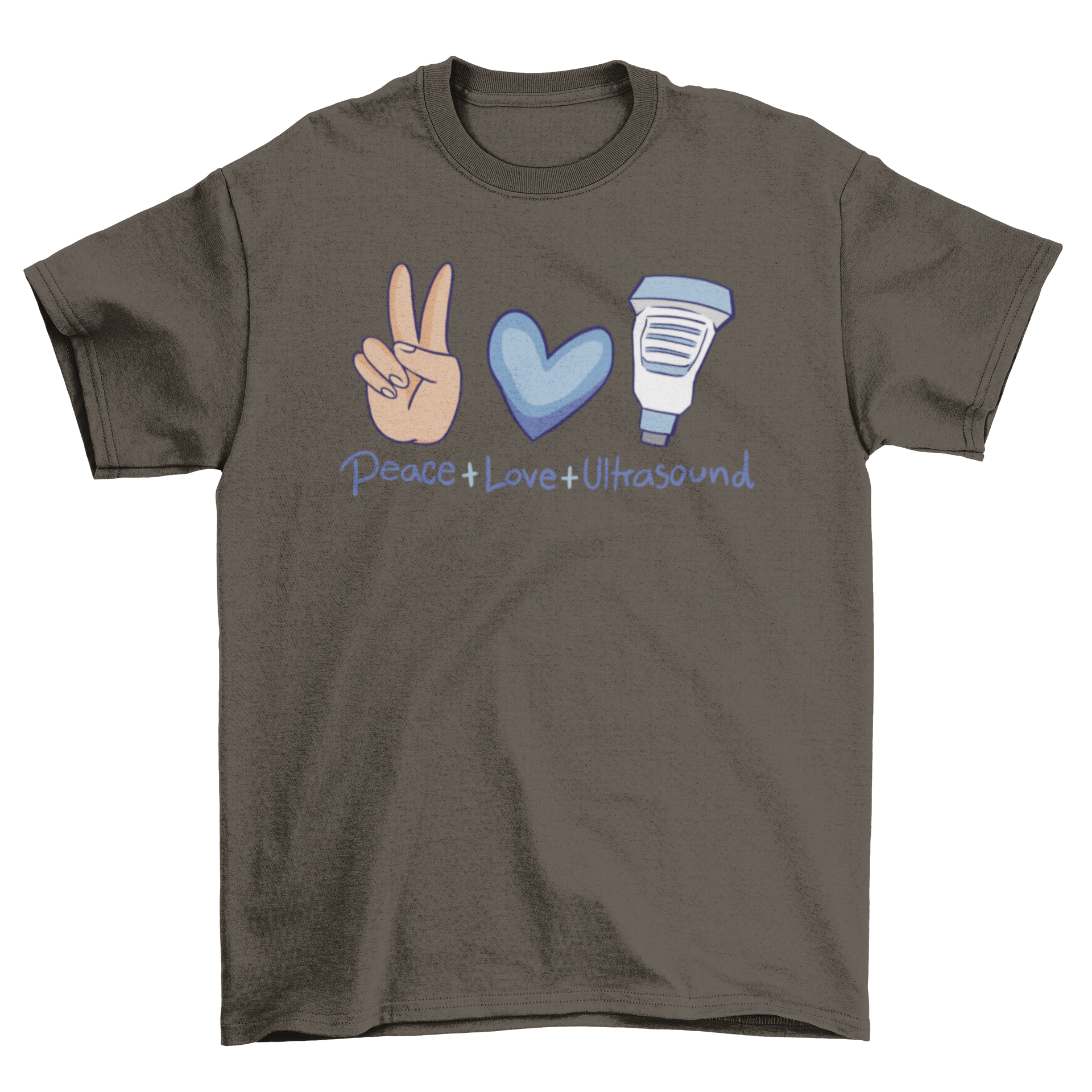 Healthcare ultrasound t-shirt featuring a hand, heart, and ultrasound machine design.