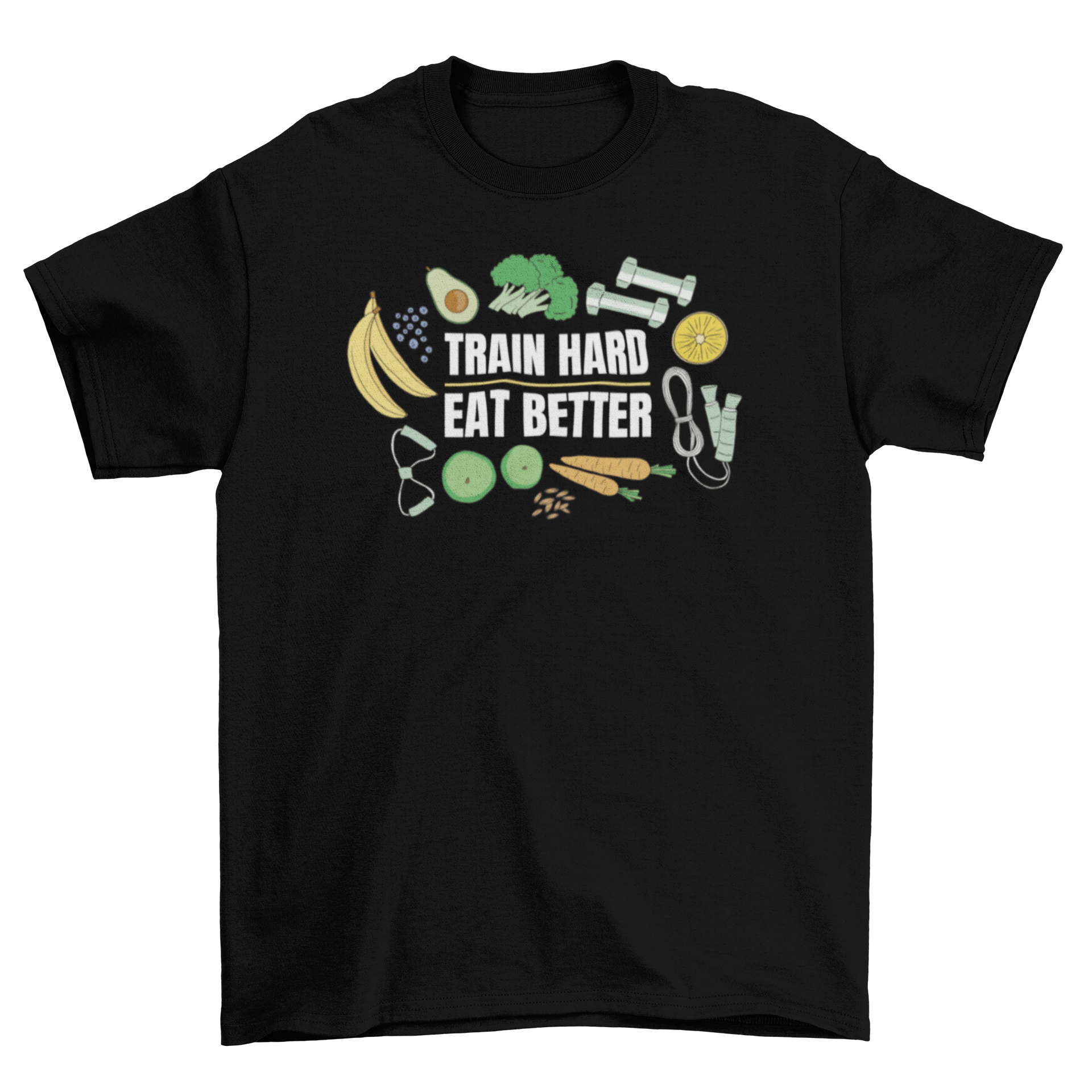 Healthy Food and Fitness T-shirt featuring the quote 'Train hard, eat better' with fitness equipment and vegetables design.