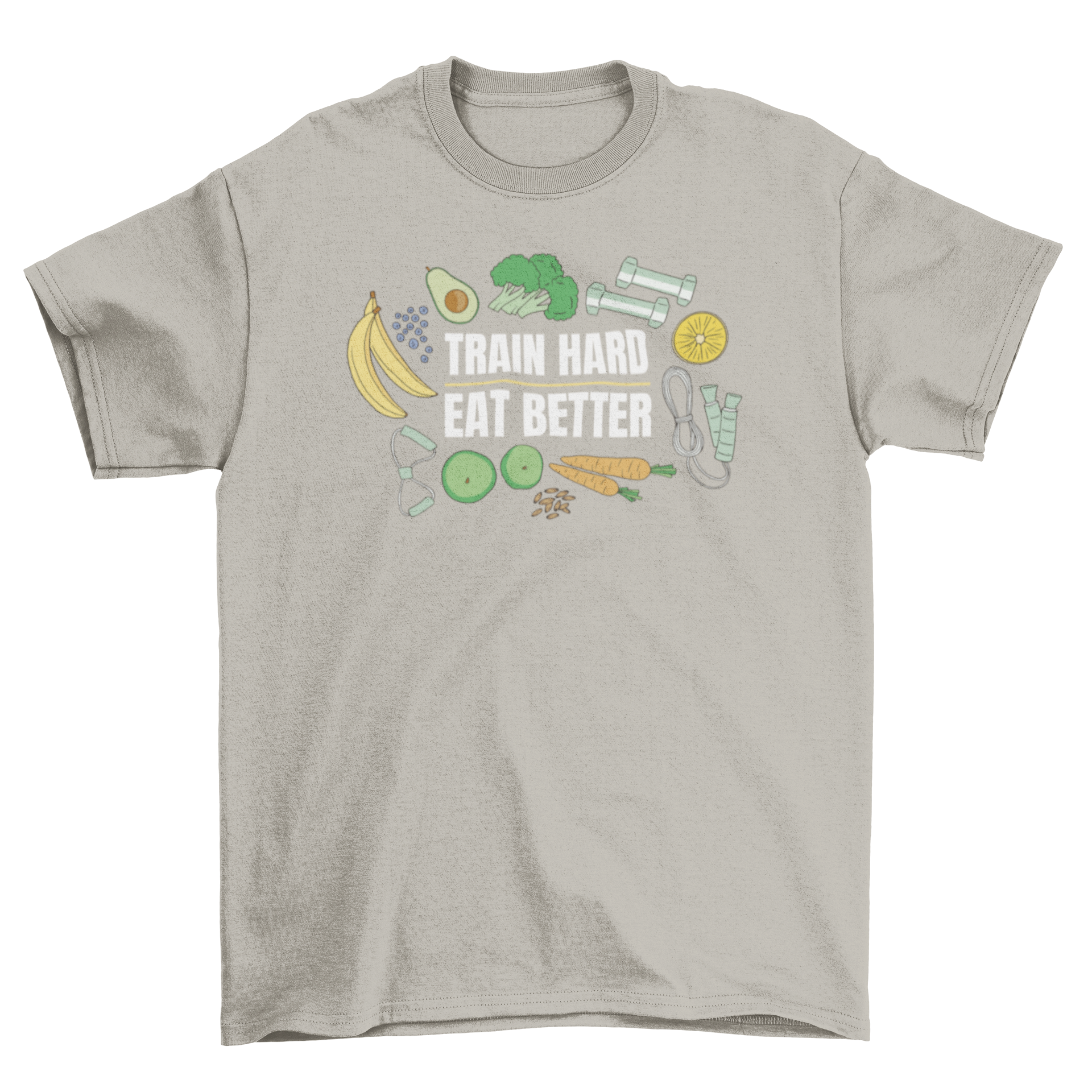 Healthy Food and Fitness T-shirt featuring the quote 'Train hard, eat better' with fitness equipment and vegetables design.