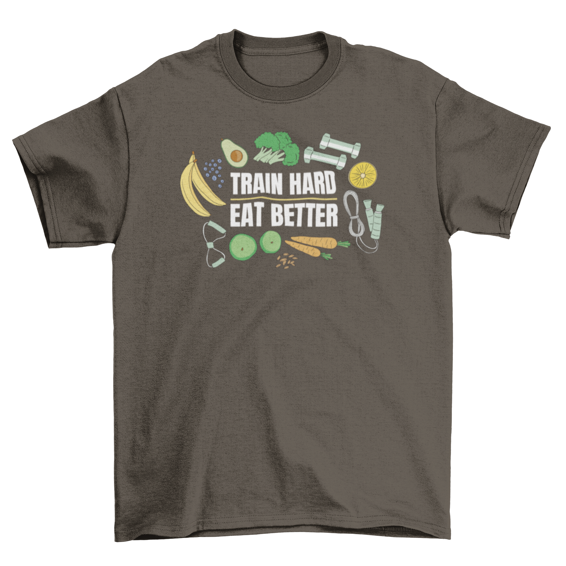 Healthy Food and Fitness T-shirt featuring the quote 'Train hard, eat better' with fitness equipment and vegetables design.