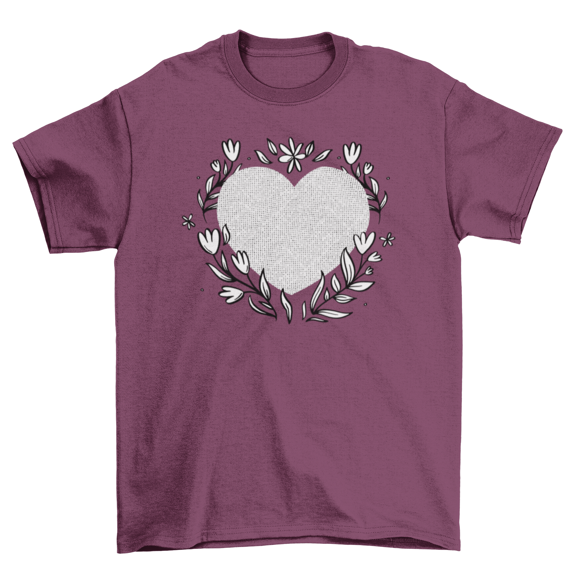 A cute t-shirt featuring a heart design surrounded by colorful flowers and green leaves, perfect for casual wear.