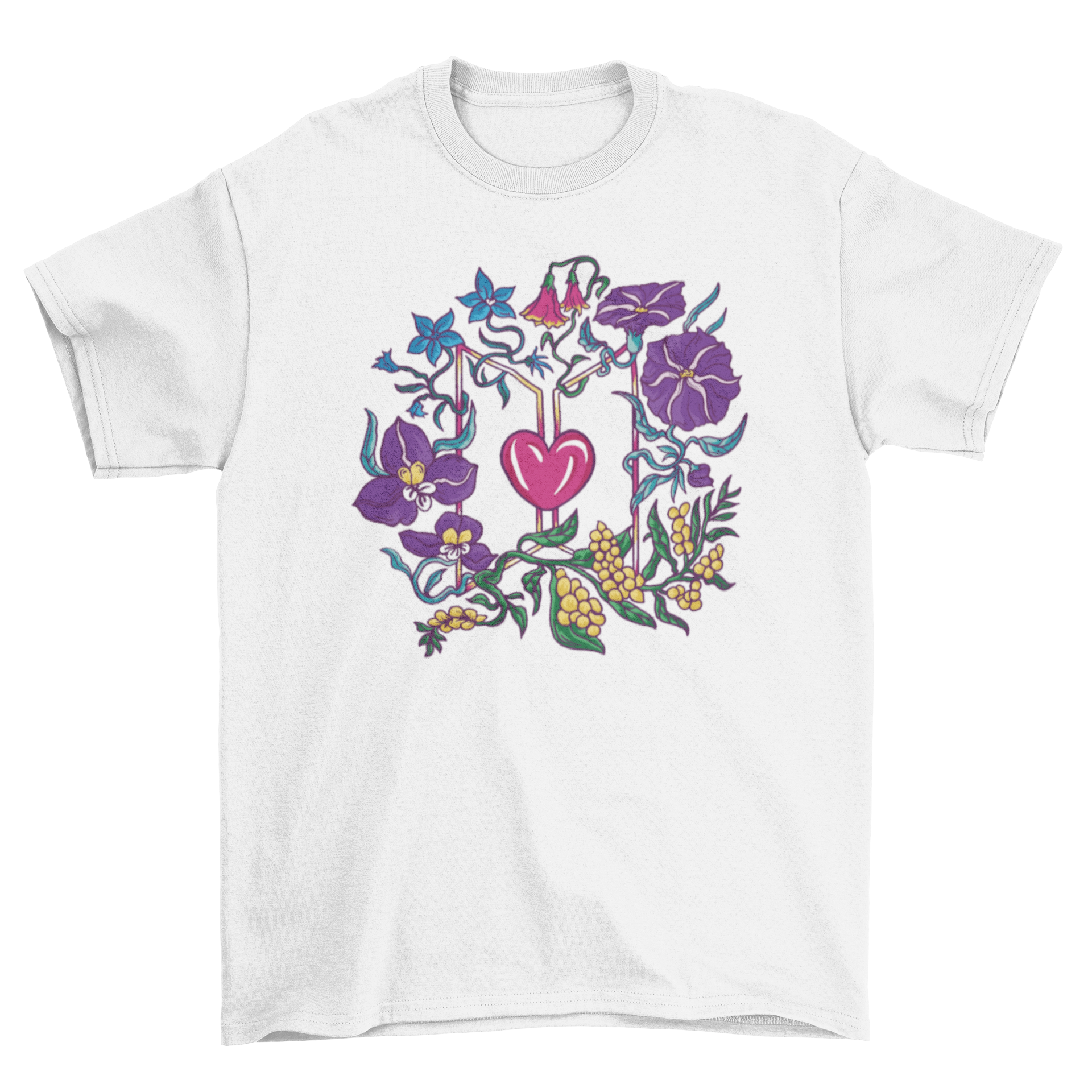 Heart and flowers t-shirt featuring a vibrant illustrated design with a heart surrounded by colorful flowers.