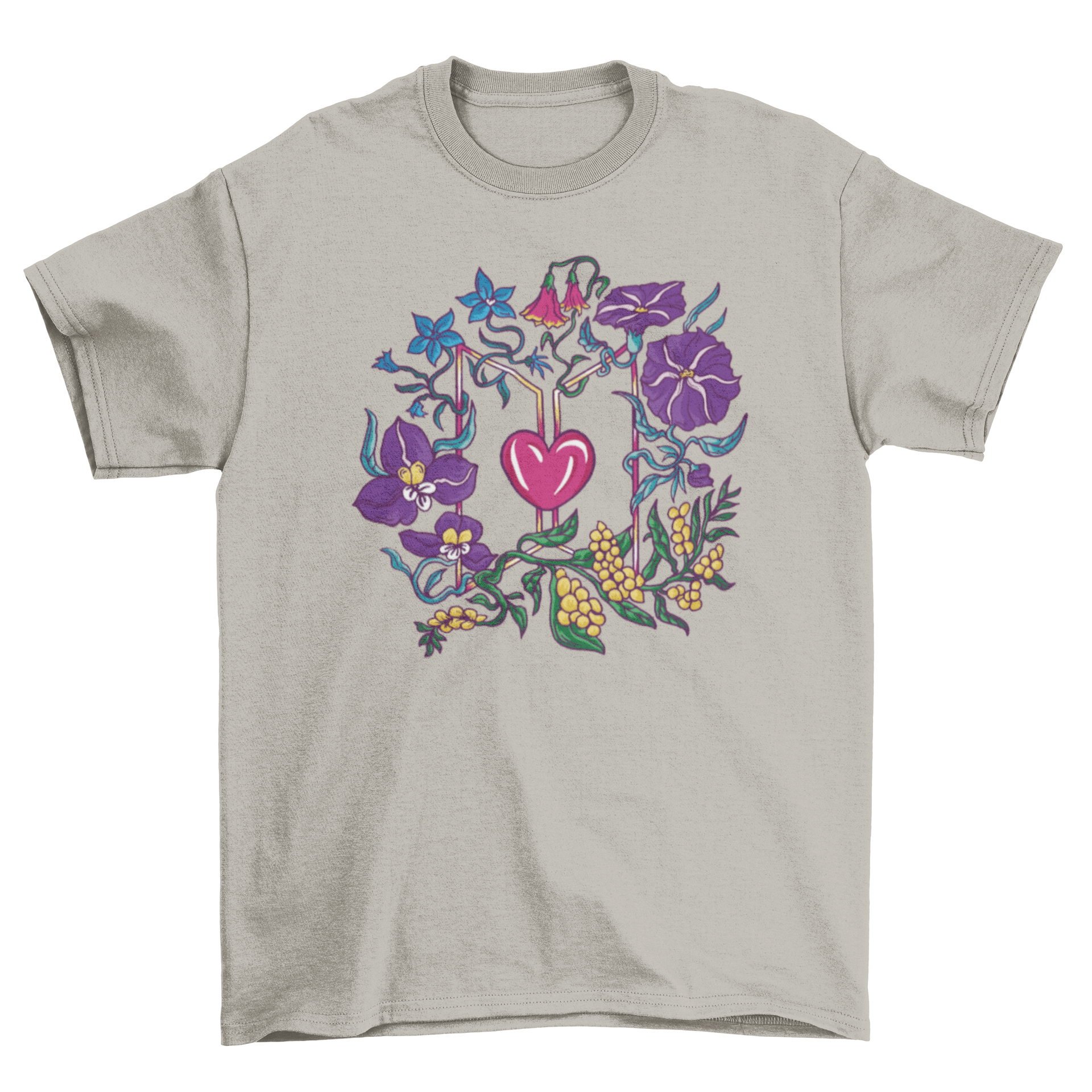 Heart and flowers t-shirt featuring a vibrant illustrated design with a heart surrounded by colorful flowers.