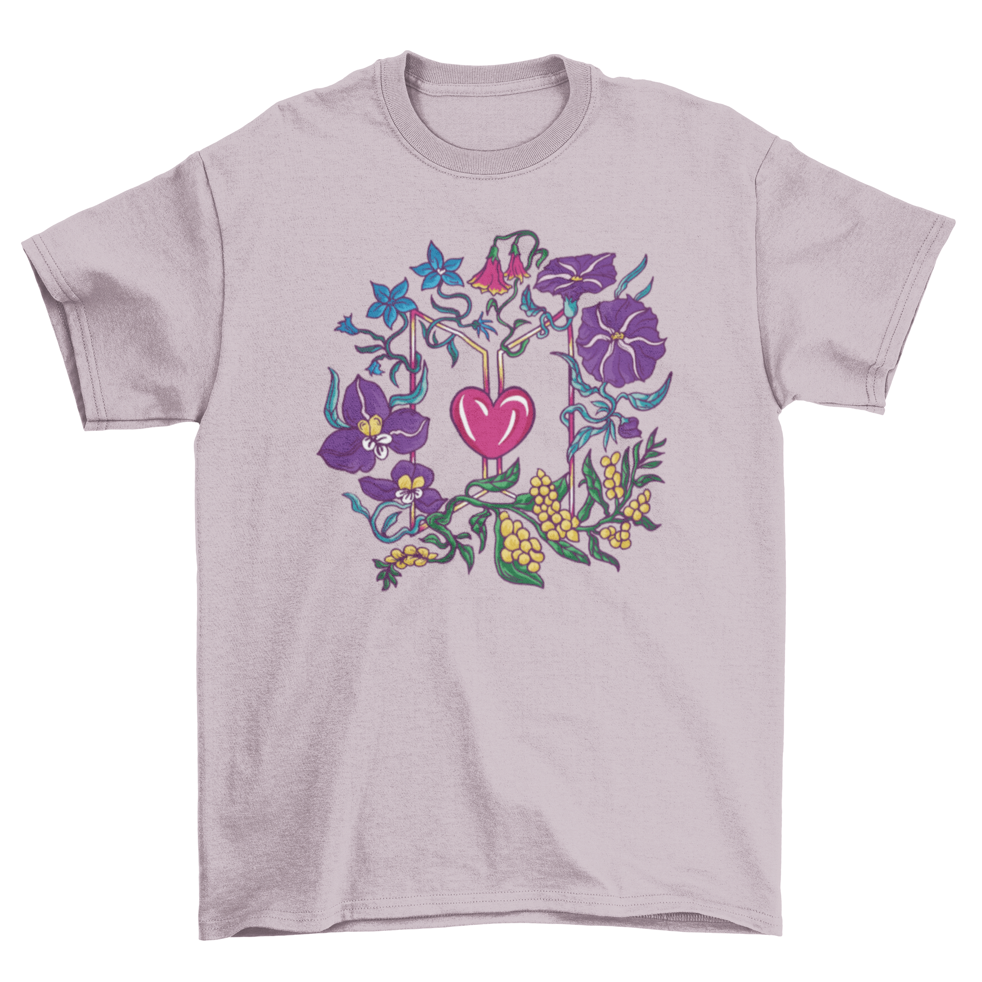 Heart and flowers t-shirt featuring a vibrant illustrated design with a heart surrounded by colorful flowers.