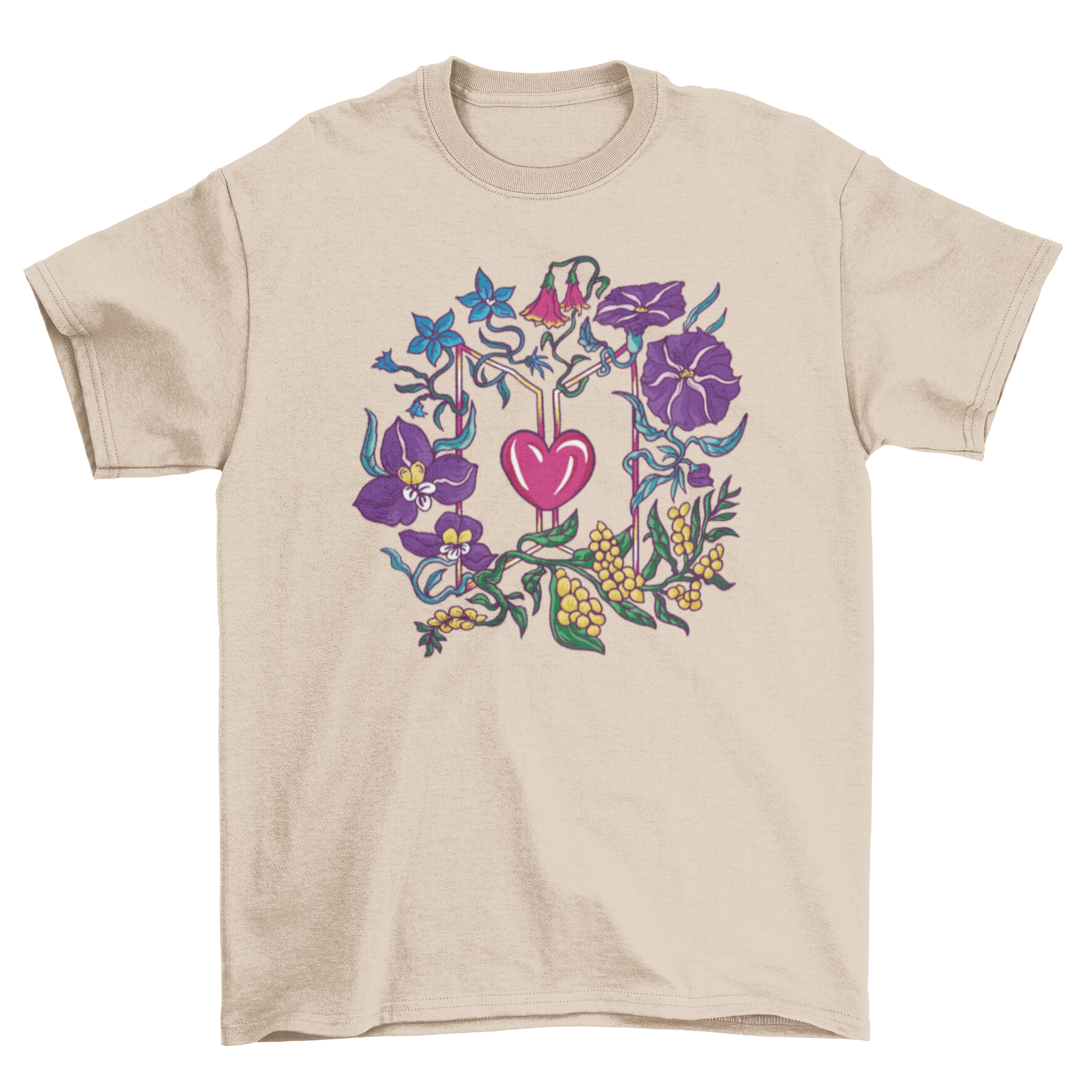 Heart and flowers t-shirt featuring a vibrant illustrated design with a heart surrounded by colorful flowers.