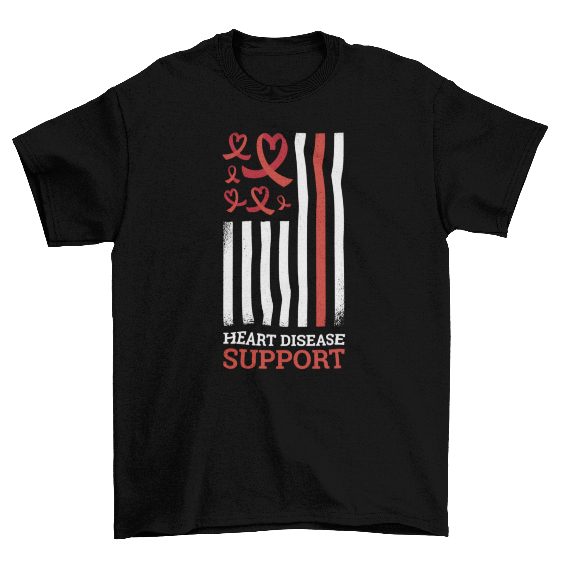 Heart disease support t-shirt featuring a flag with hearts and the quote 'Heart disease support'.