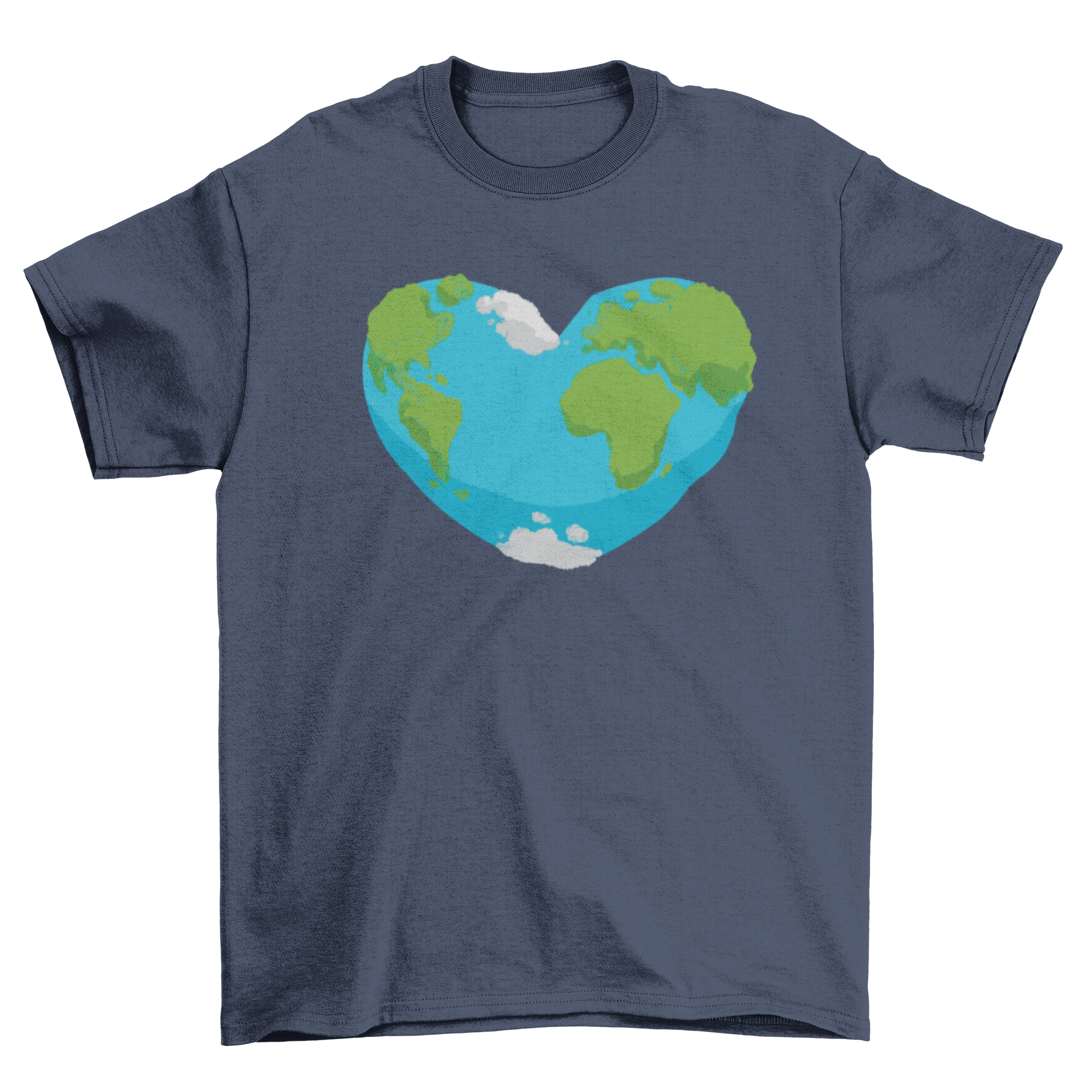 Heart-shaped Earth design on a stylish T-shirt, symbolizing love for the planet.