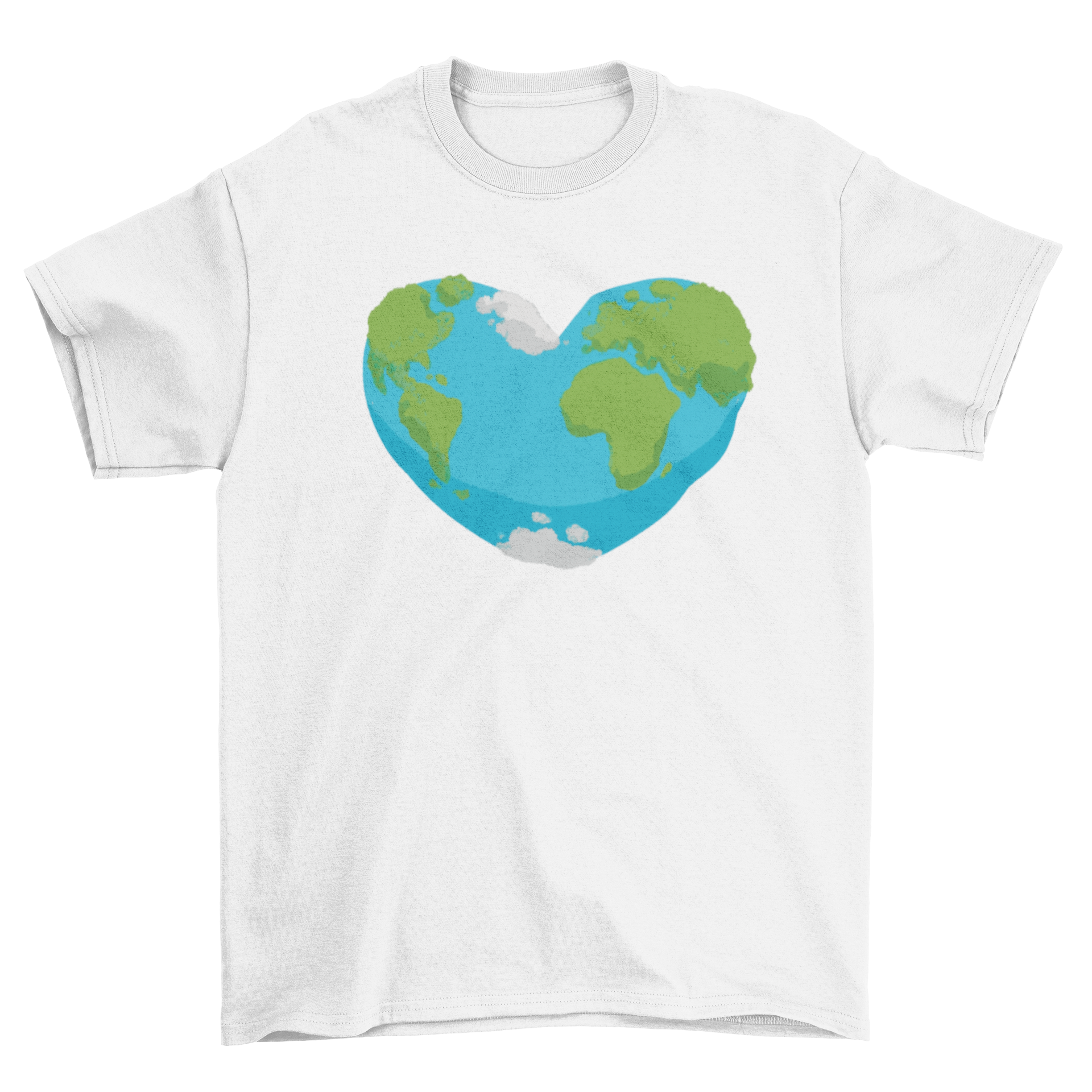 Heart-shaped Earth design on a stylish T-shirt, symbolizing love for the planet.