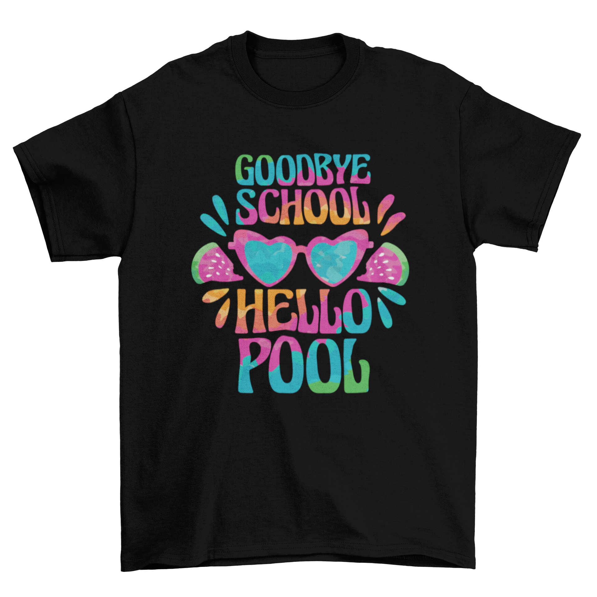 A vibrant summer t-shirt featuring heart-shaped sunglasses and the quote 'Goodbye school, hello pool' in a playful design.