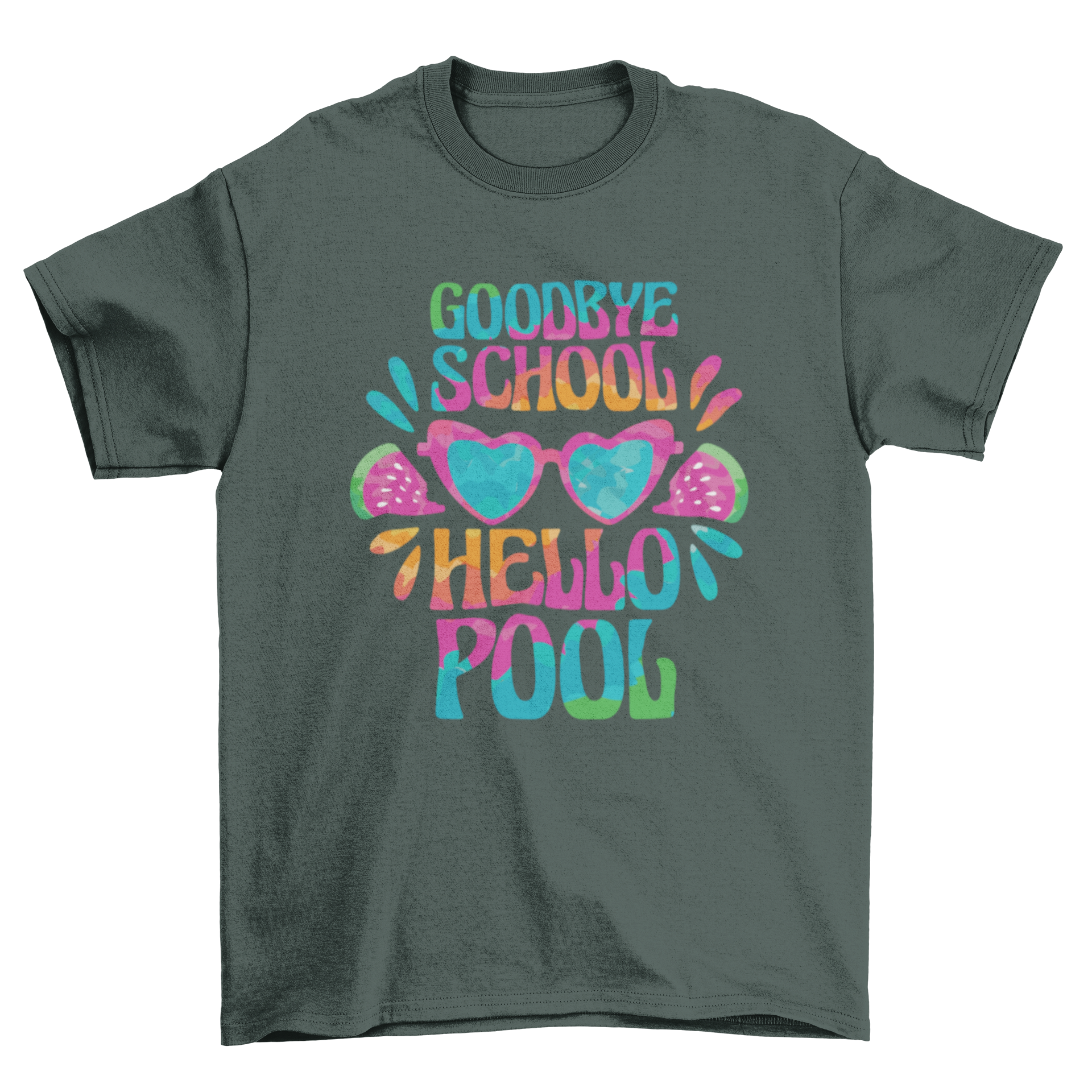 A vibrant summer t-shirt featuring heart-shaped sunglasses and the quote 'Goodbye school, hello pool' in a playful design.