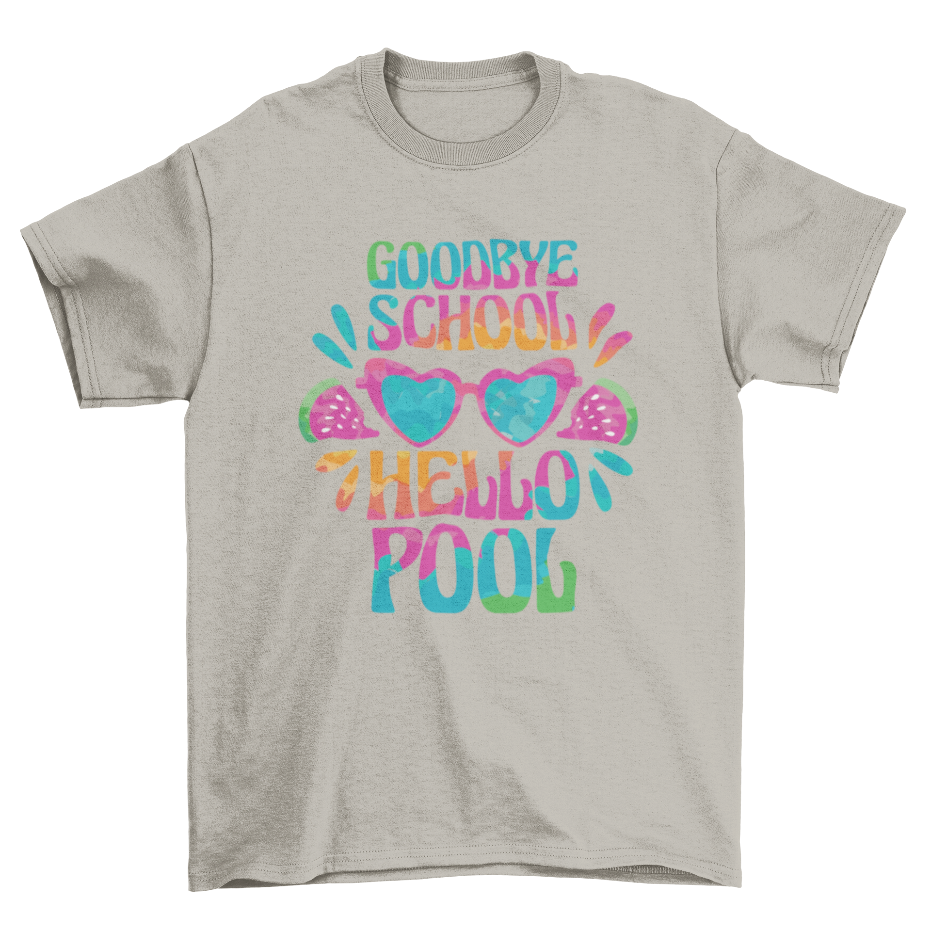 A vibrant summer t-shirt featuring heart-shaped sunglasses and the quote 'Goodbye school, hello pool' in a playful design.