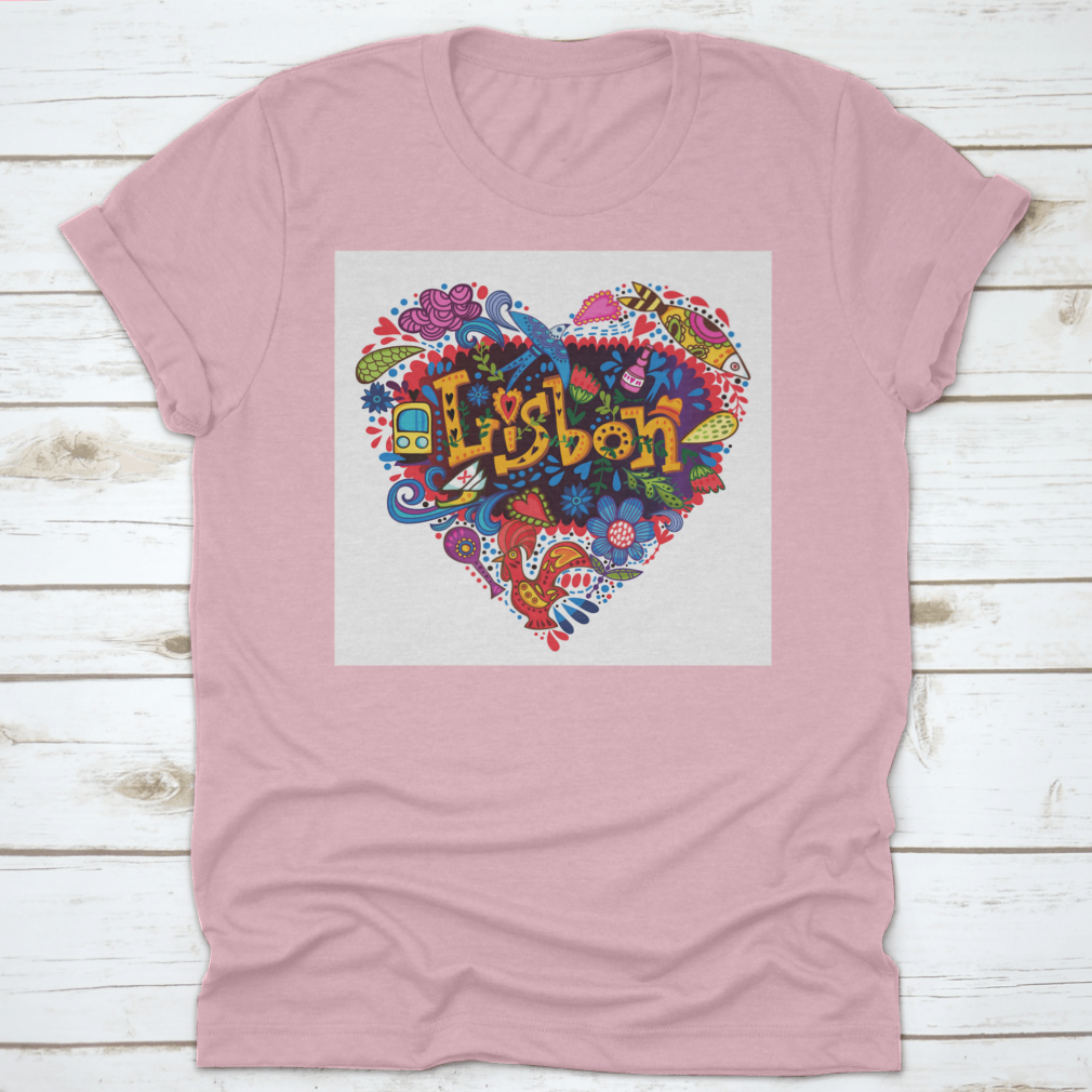 Heart Made From Lisbon Symbols T-shirt featuring iconic landmarks and vibrant colors, perfect for showcasing love for the city.