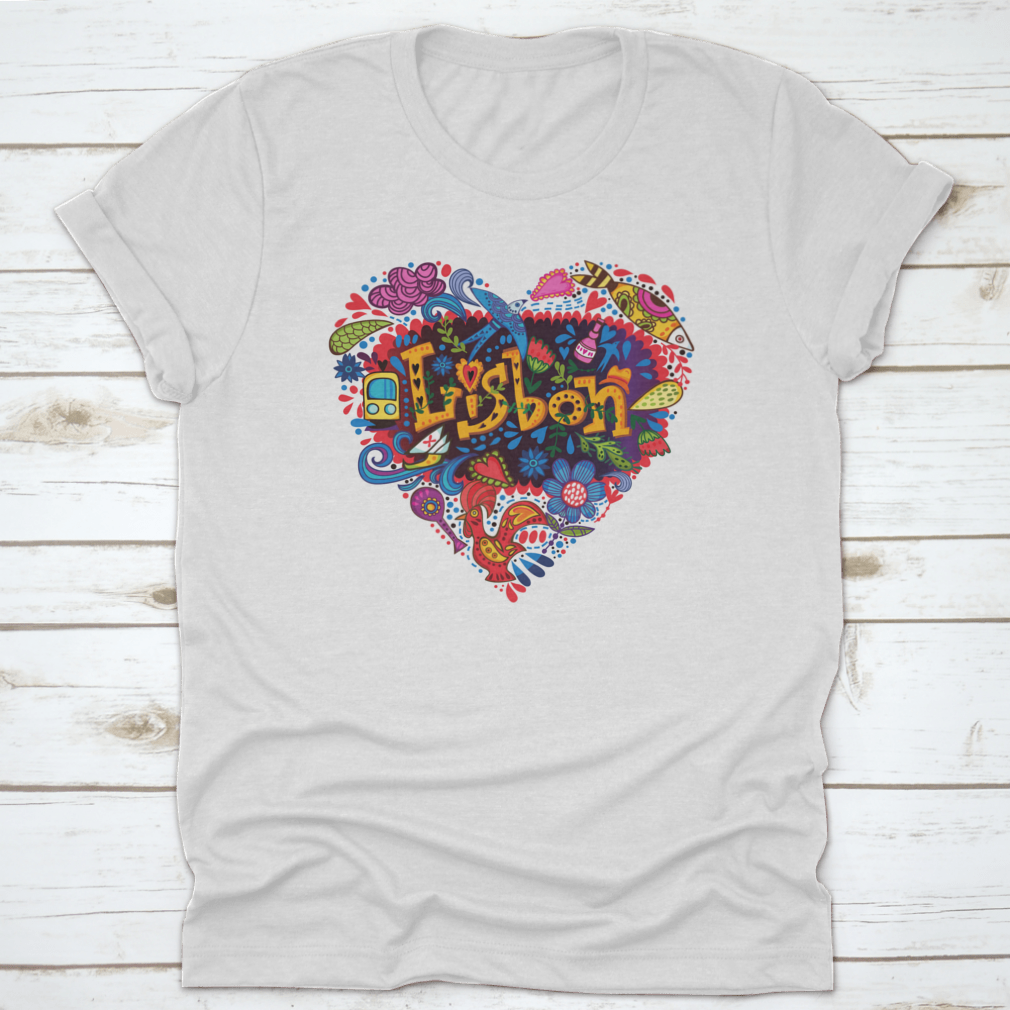 Heart Made From Lisbon Symbols T-shirt featuring iconic landmarks and vibrant colors, perfect for showcasing love for the city.